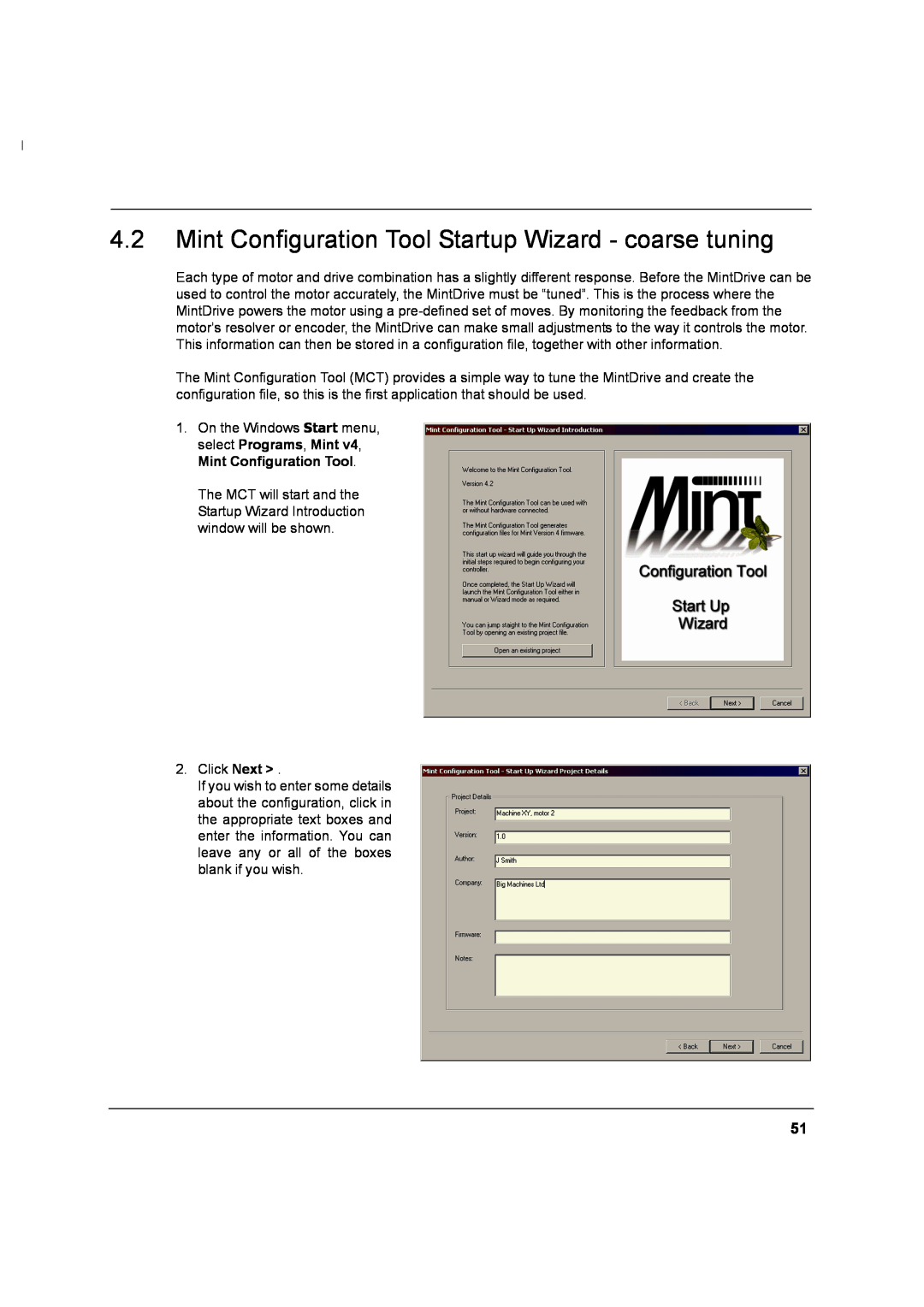 Baldor MN1274 06/2001 installation manual Mint Configuration Tool Startup Wizard - coarse tuning 