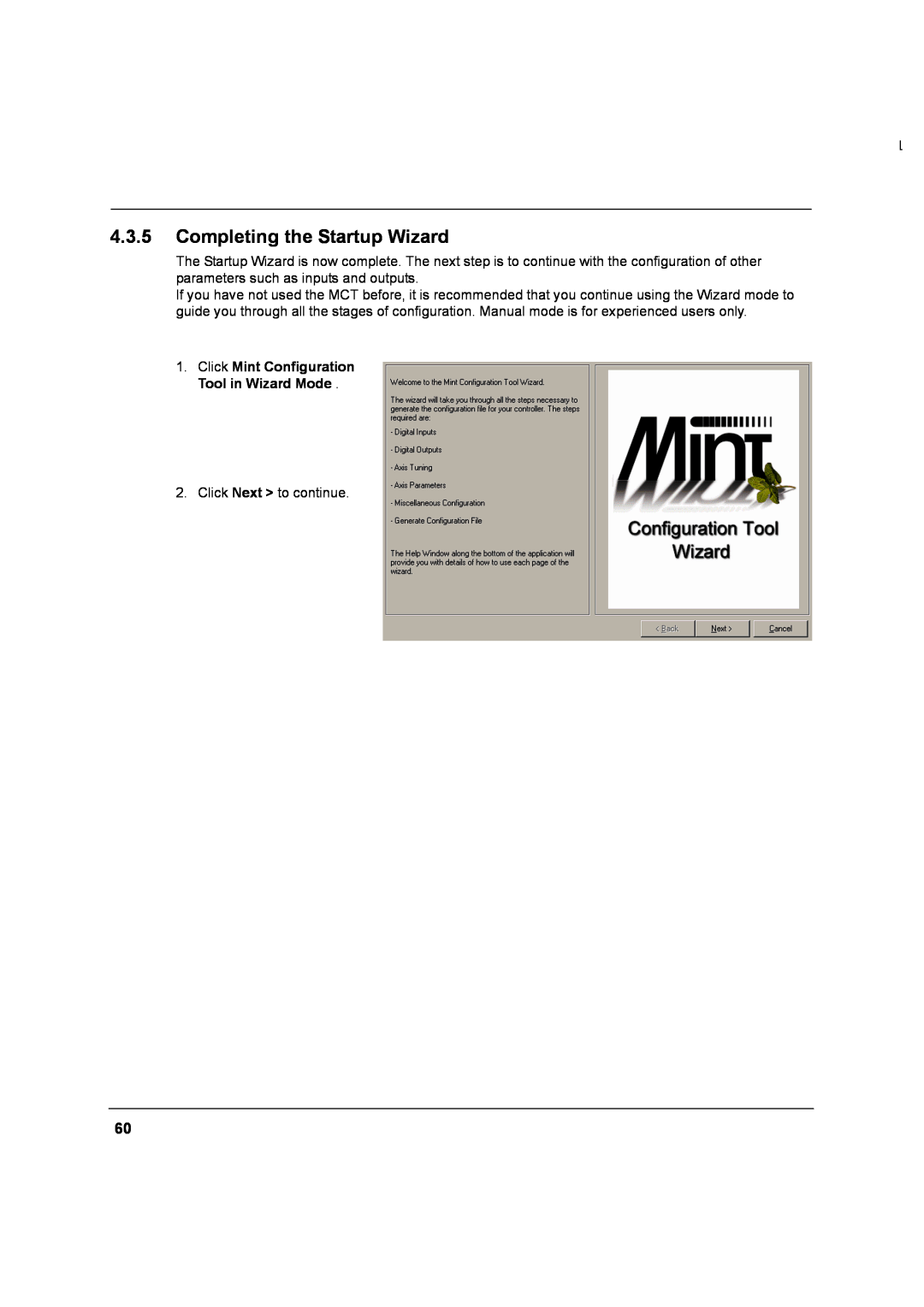 Baldor MN1274 06/2001 installation manual Completing the Startup Wizard, Click Mint Configuration Tool in Wizard Mode 