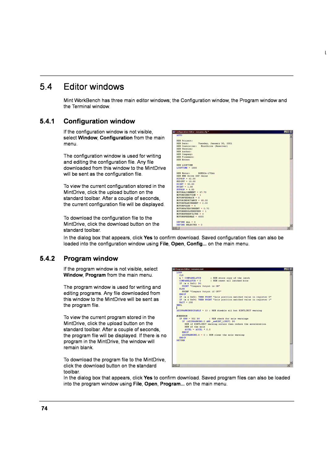 Baldor MN1274 06/2001 installation manual Editor windows, Configuration window, Program window 