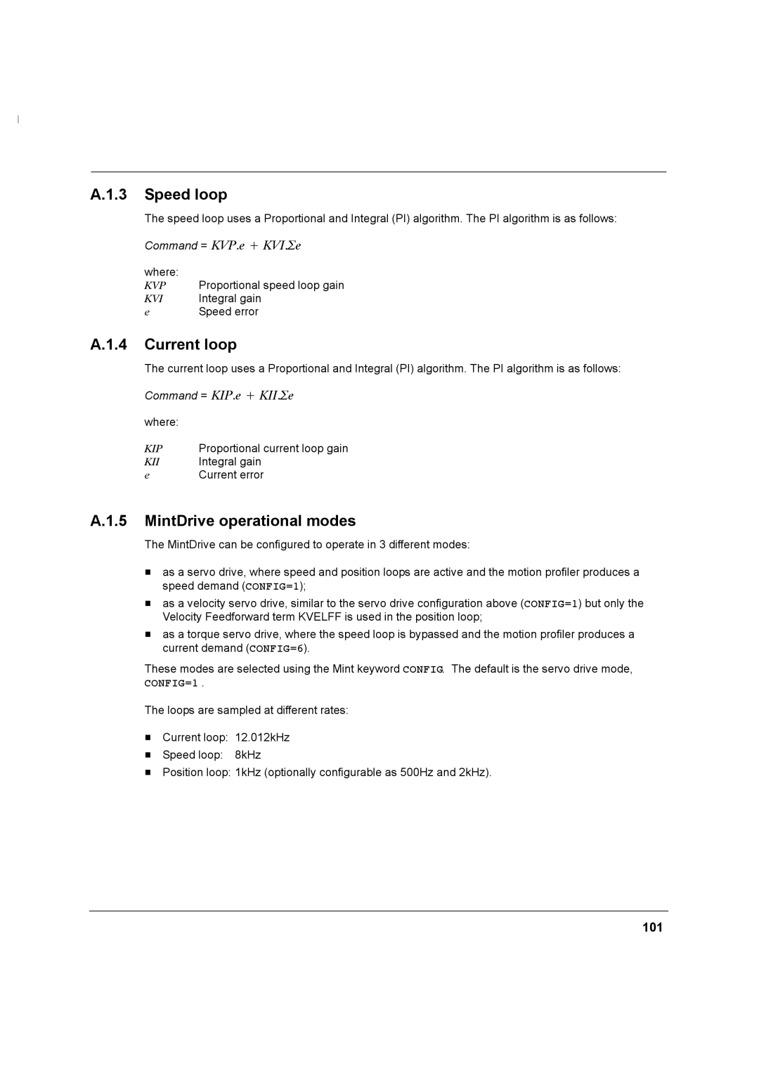 Baldor MN1274 06/2001 installation manual Speed loop, Current loop, MintDrive operational modes, 101 