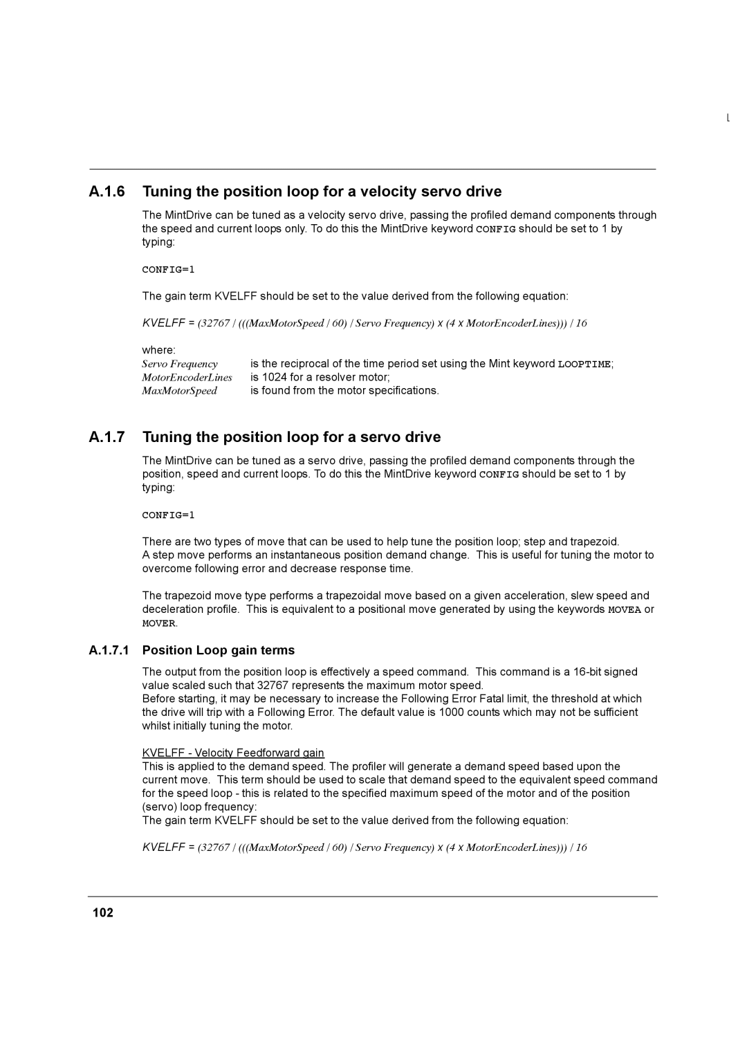 Baldor MN1274 06/2001 Tuning the position loop for a velocity servo drive, Tuning the position loop for a servo drive, 102 