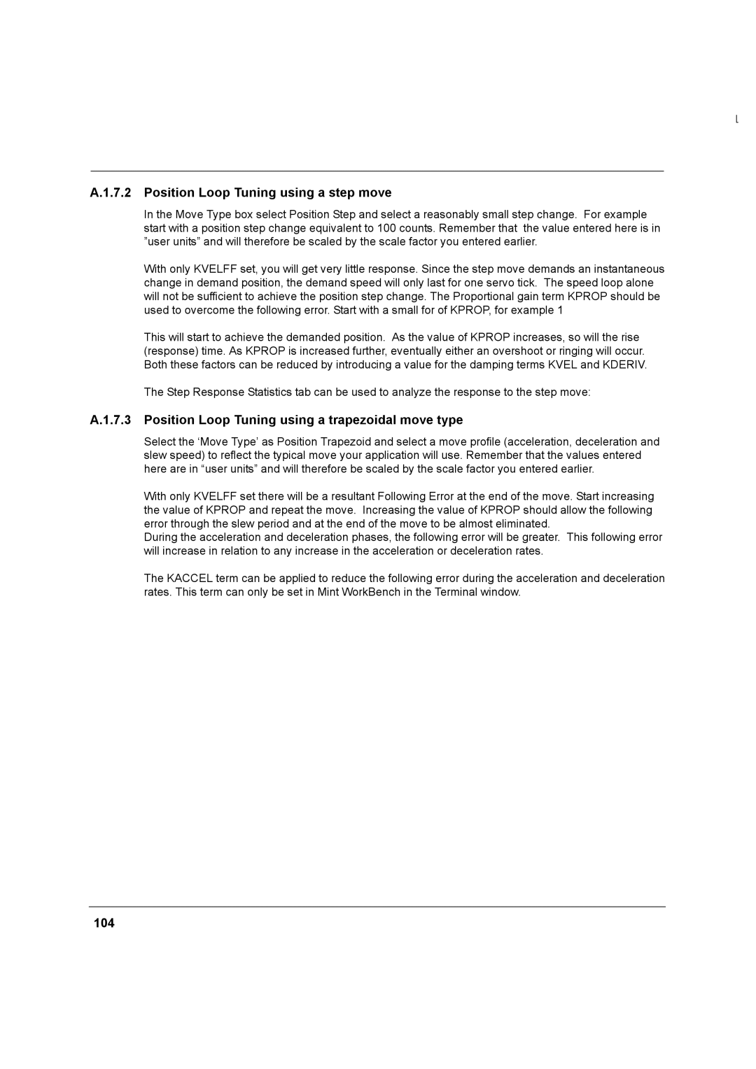 Baldor MN1274 06/2001 Position Loop Tuning using a step move, Position Loop Tuning using a trapezoidal move type, 104 