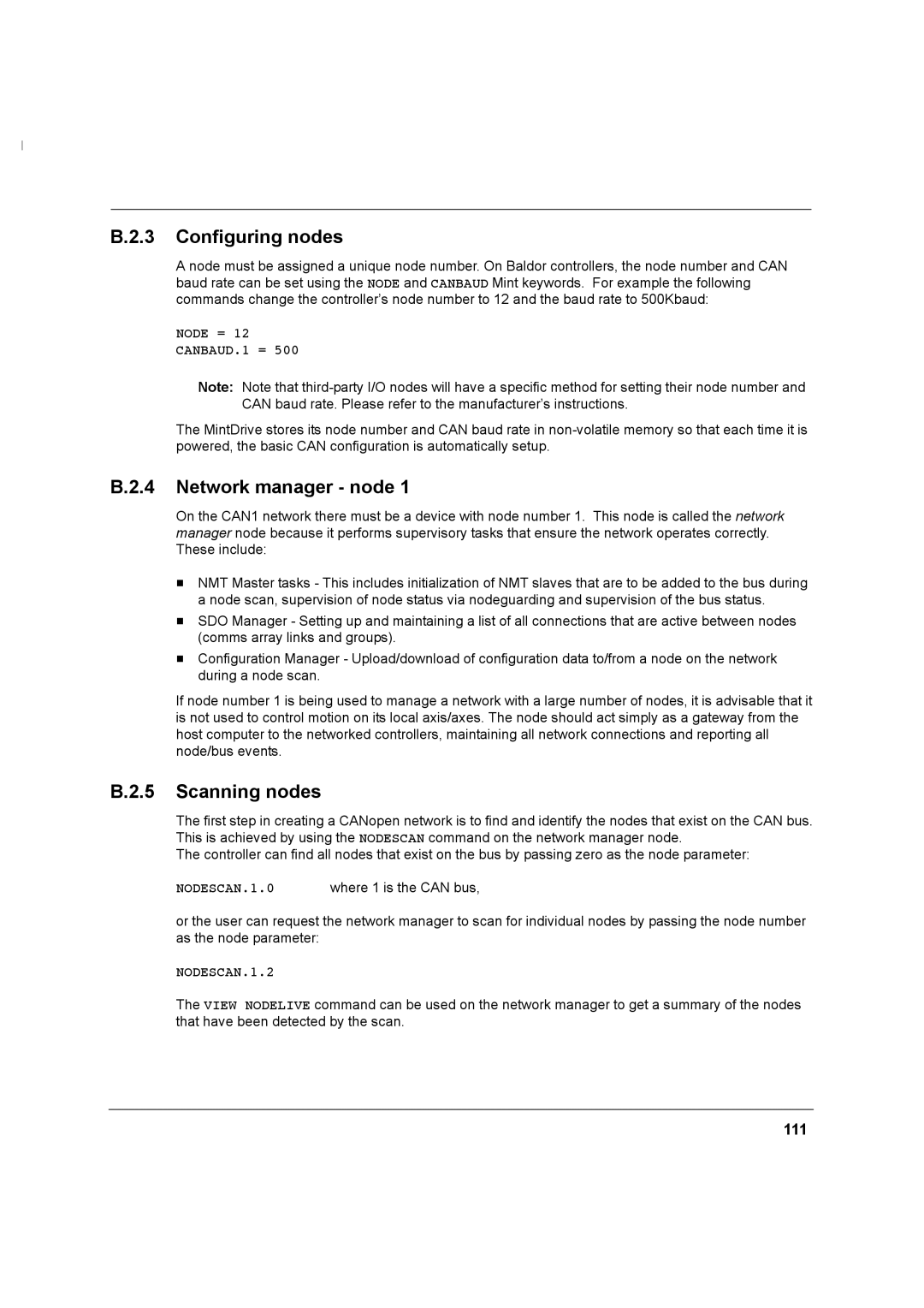 Baldor MN1274 06/2001 installation manual Configuring nodes, Network manager node, Scanning nodes, 111 