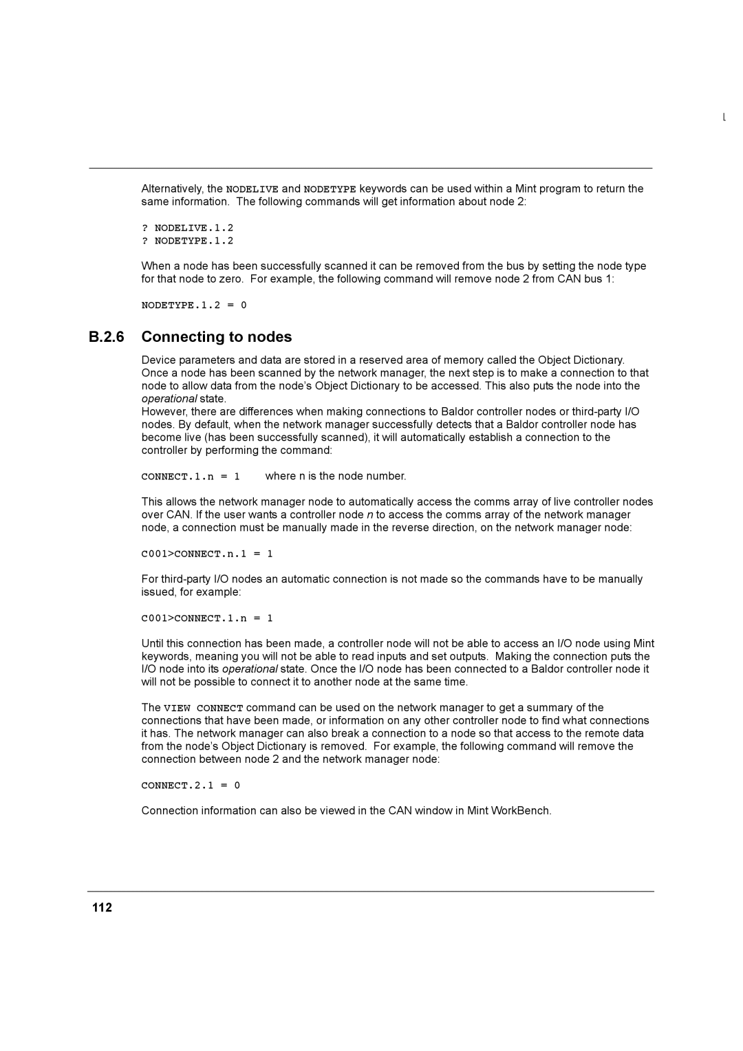 Baldor MN1274 06/2001 installation manual Connecting to nodes, 112, ? NODELIVE.1.2 ? NODETYPE.1.2 