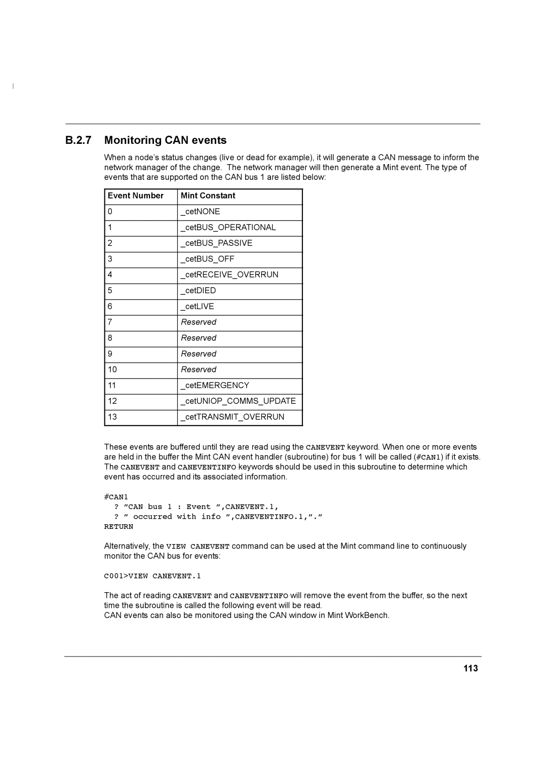 Baldor MN1274 06/2001 installation manual Monitoring can events, 113, Event Number Mint Constant 