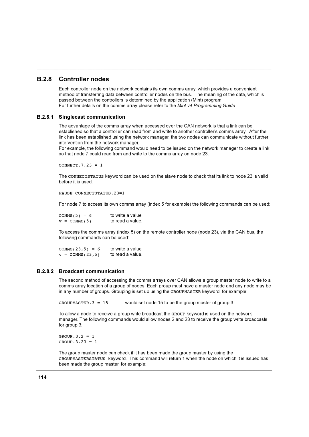 Baldor MN1274 06/2001 Controller nodes, Singlecast communication, Broadcast communication, 114, Pause CONNECTSTATUS.23=1 