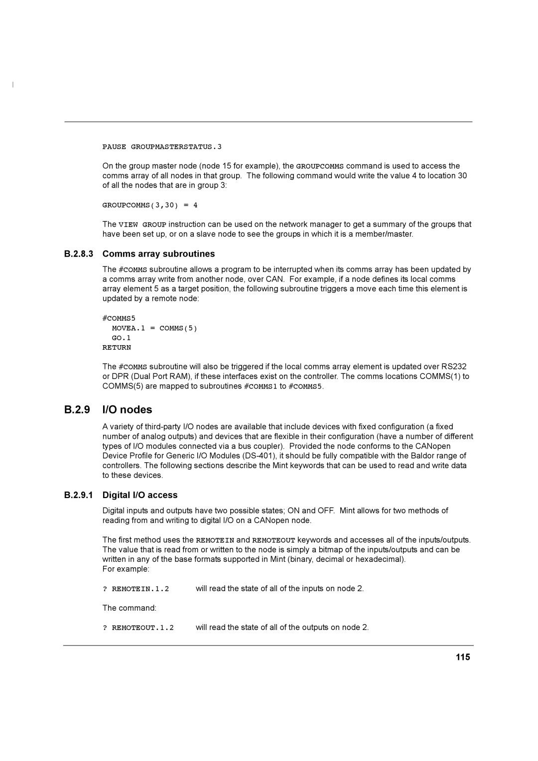 Baldor MN1274 06/2001 installation manual 9 I/O nodes, Comms array subroutines, Digital I/O access, 115 