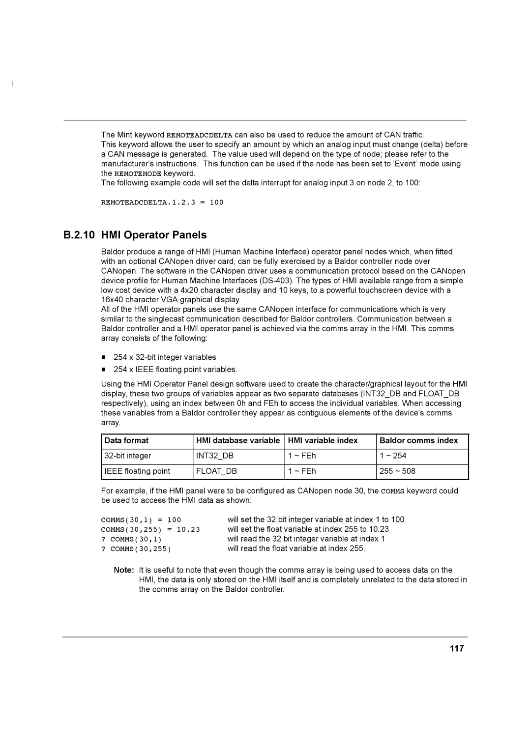 Baldor MN1274 06/2001 installation manual HMI Operator Panels, 117, REMOTEADCDELTA.1.2.3 = 