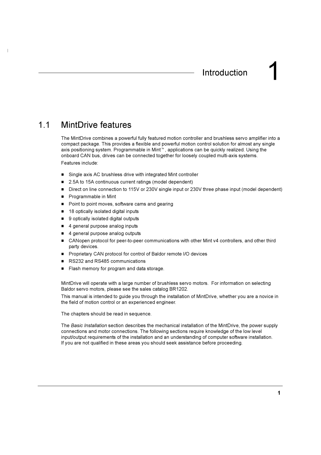 Baldor MN1274 06/2001 installation manual Introduction, MintDrive features 