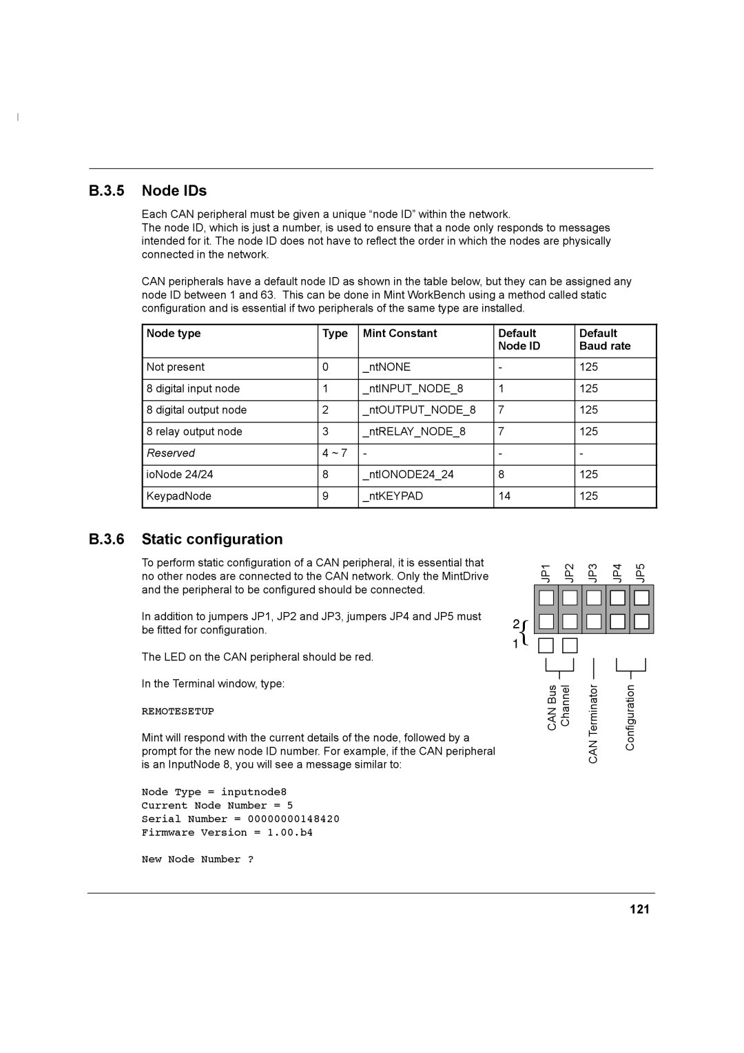 Baldor MN1274 06/2001 Node IDs, Static configuration, 121, Node type Type Mint Constant Default Node ID Baud rate 