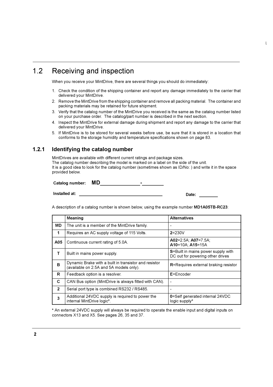 Baldor MN1274 06/2001 Receiving and inspection, Identifying the catalog number, Date, Meaning Alternatives, A05 