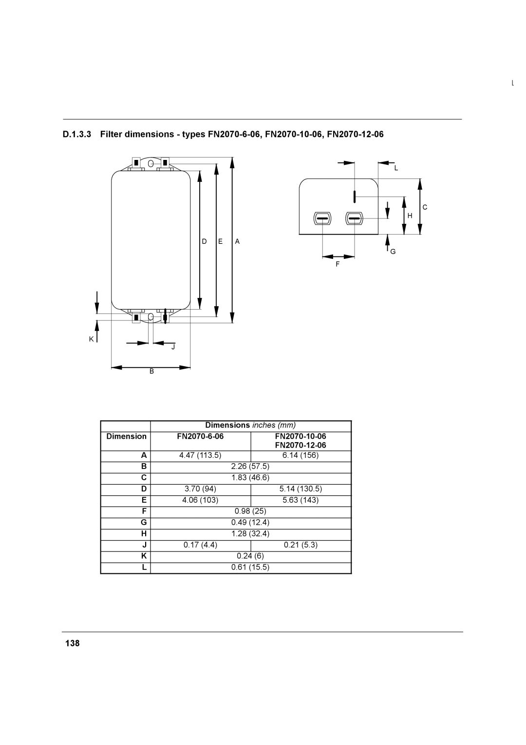 Baldor MN1274 06/2001 installation manual 138, Dimensions inches mm, Dimension FN2070-6-06 