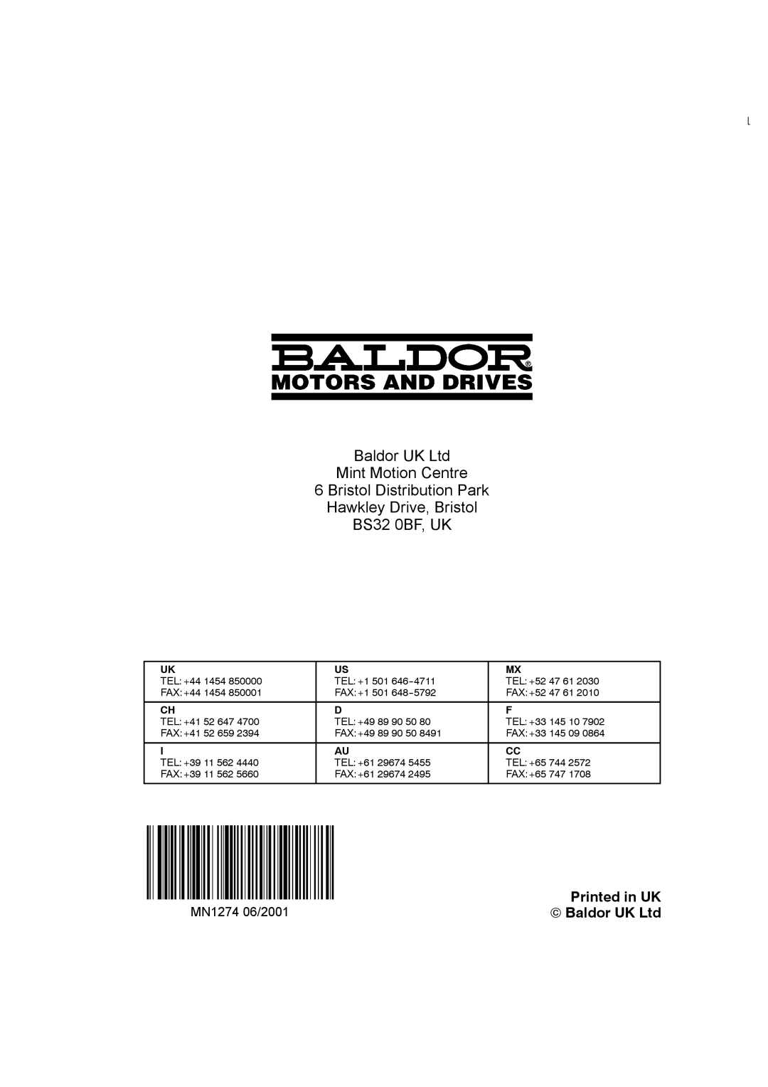 Baldor MN1274 06/2001 installation manual 