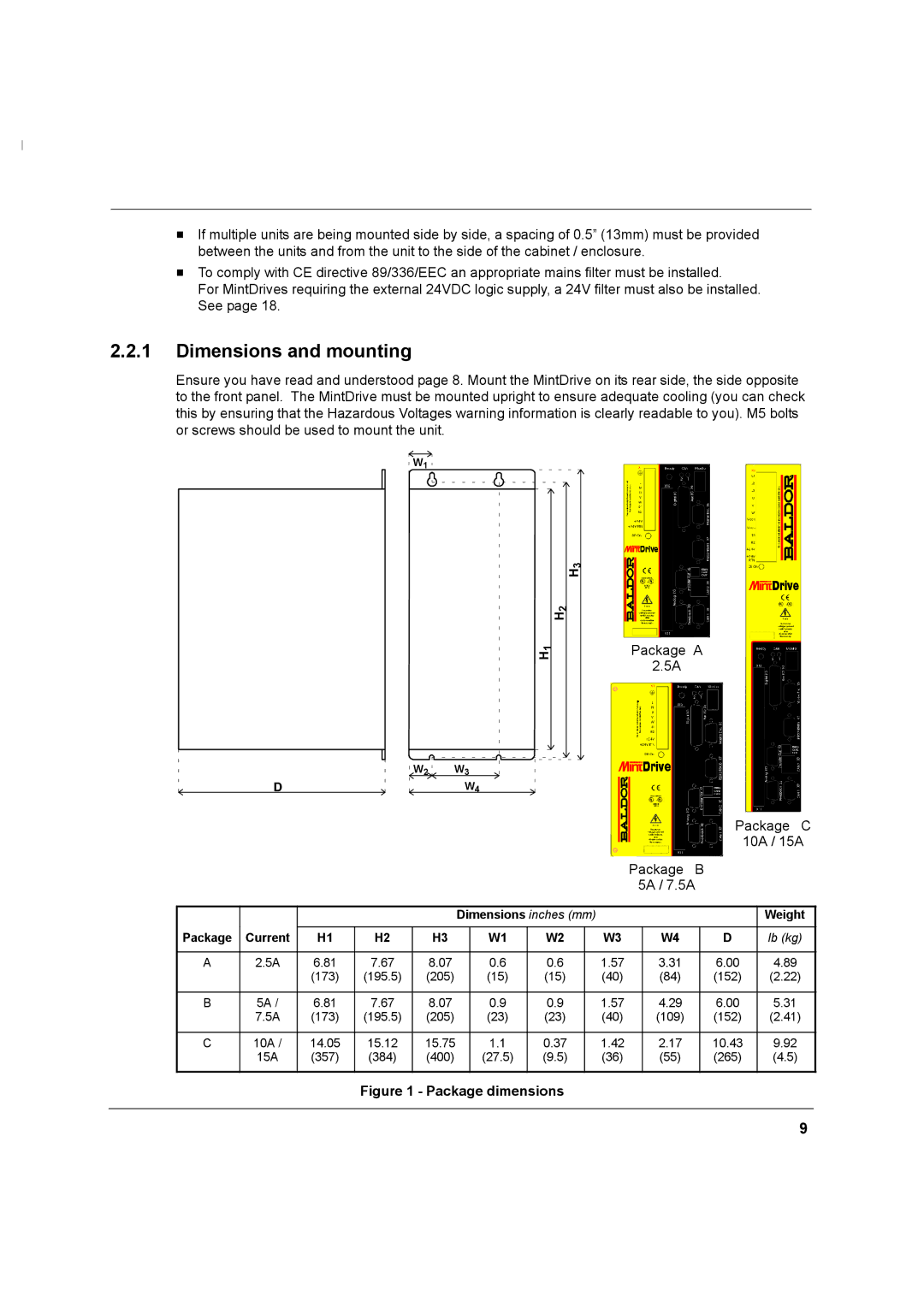 Baldor MN1274 06/2001 installation manual Dimensions and mounting, Package dimensions 