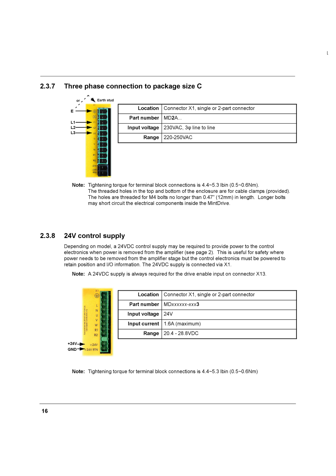 Baldor MN1274 06/2001 installation manual Three phase connection to package size C, 8 24V control supply, Input current 