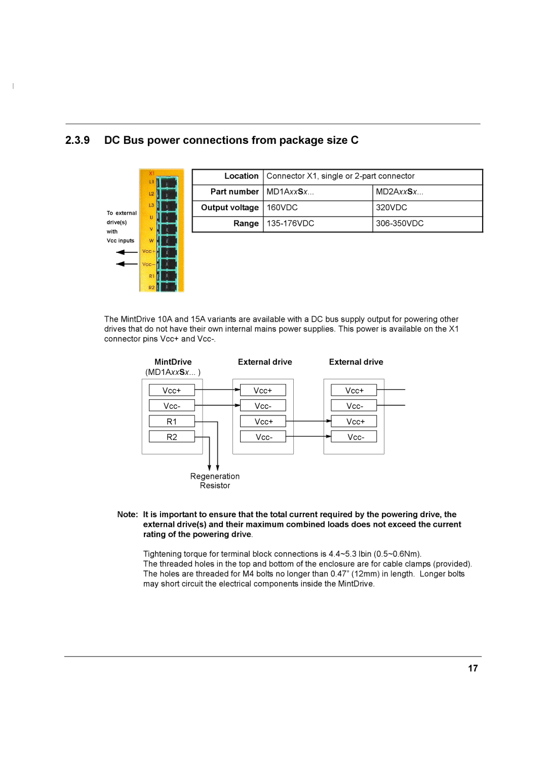 Baldor MN1274 06/2001 DC Bus power connections from package size C, Output voltage, MintDrive, External drive 