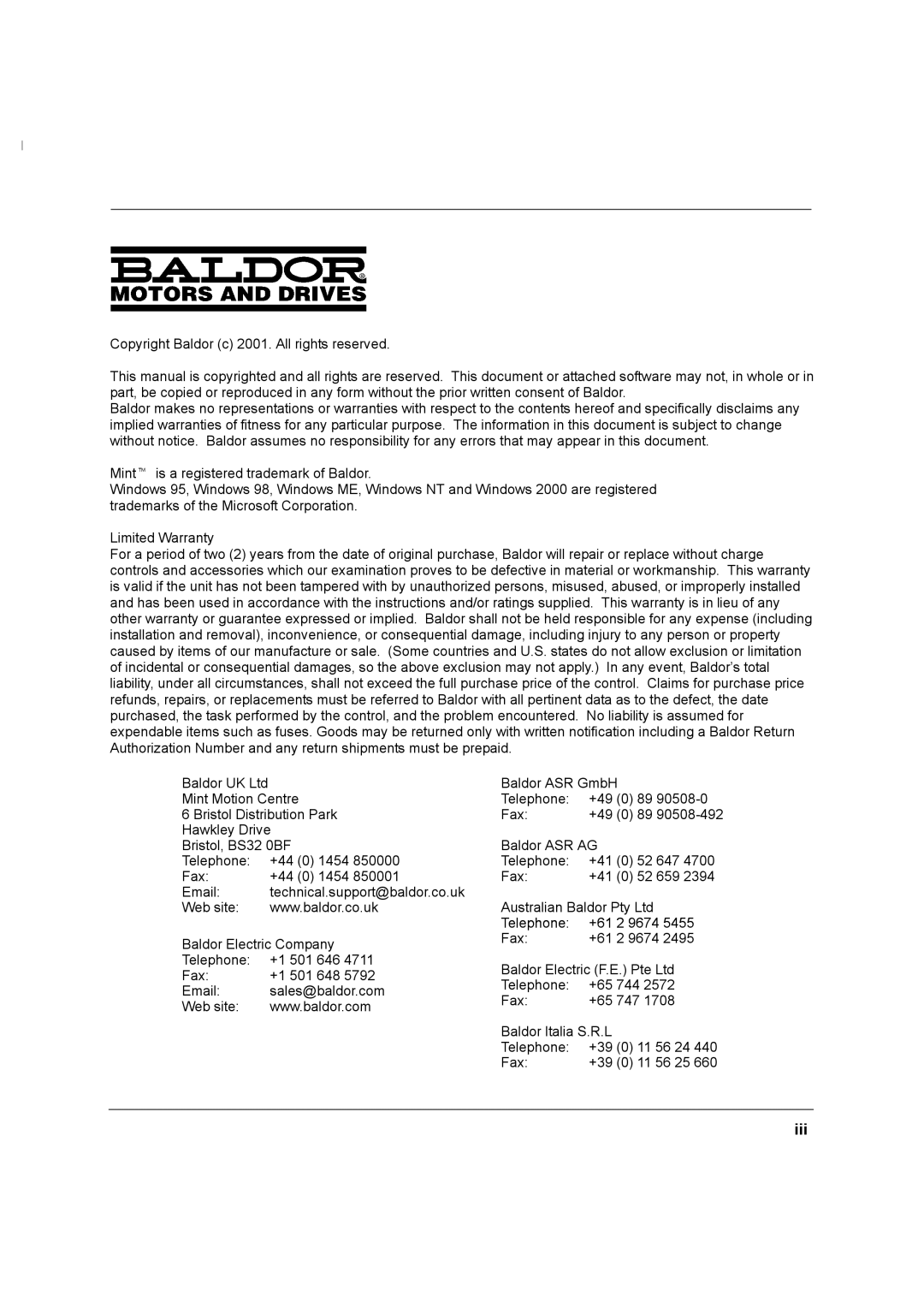 Baldor MN1274 06/2001 installation manual Iii 