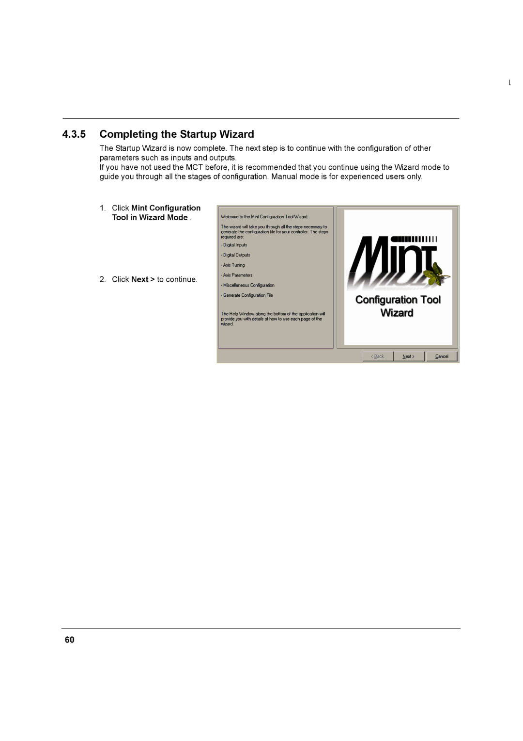 Baldor MN1274 06/2001 installation manual Completing the Startup Wizard, Click Mint Configuration Tool in Wizard Mode 