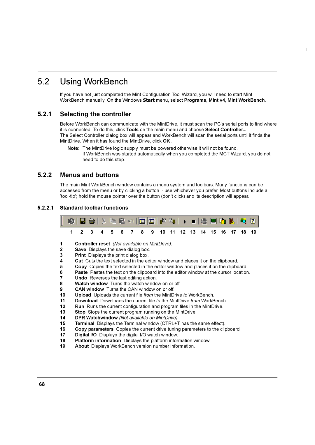 Baldor MN1274 06/2001 Using WorkBench, Selecting the controller, Menus and buttons, Standard toolbar functions 