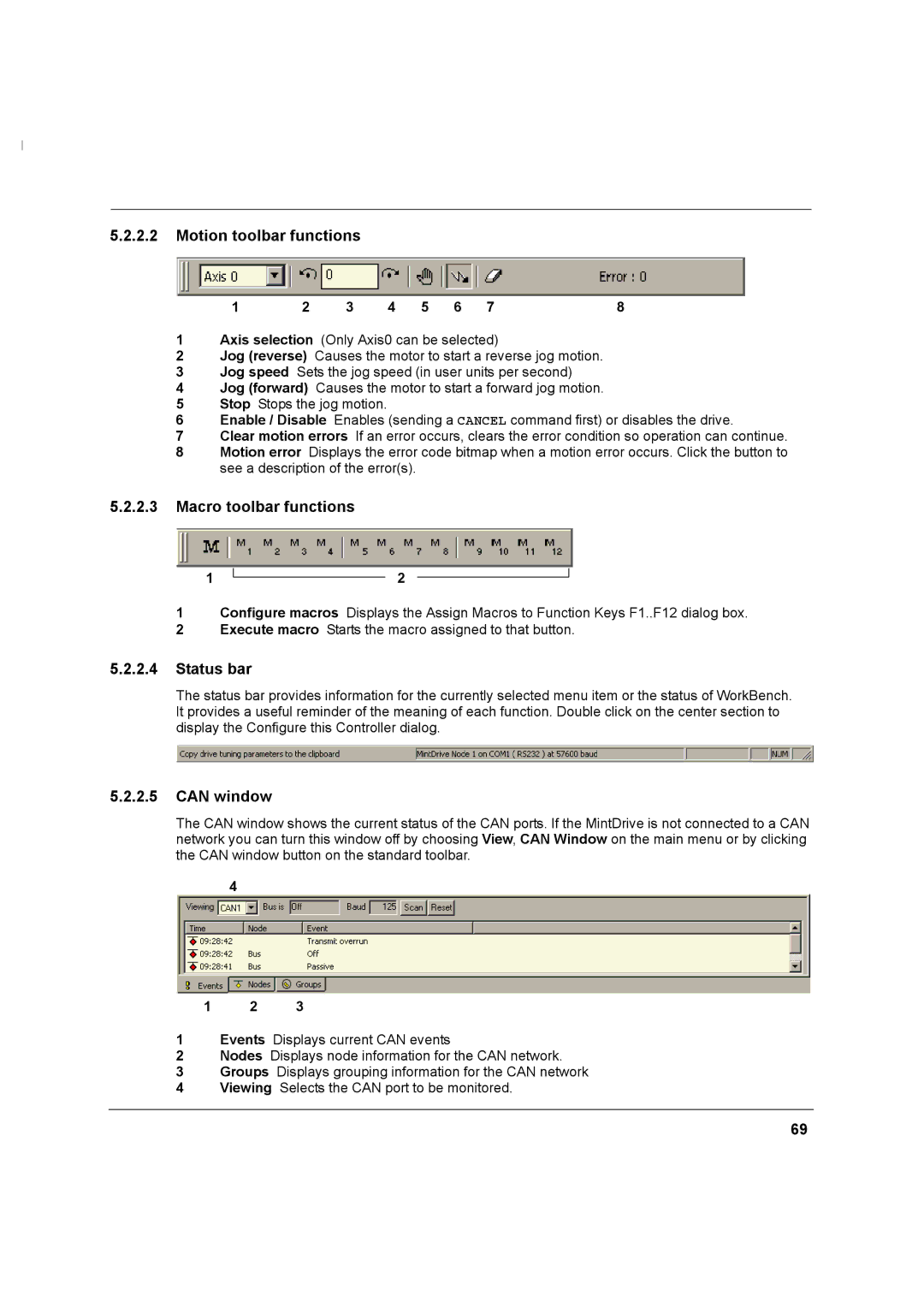 Baldor MN1274 06/2001 installation manual Motion toolbar functions, Macro toolbar functions, Status bar, Can window 