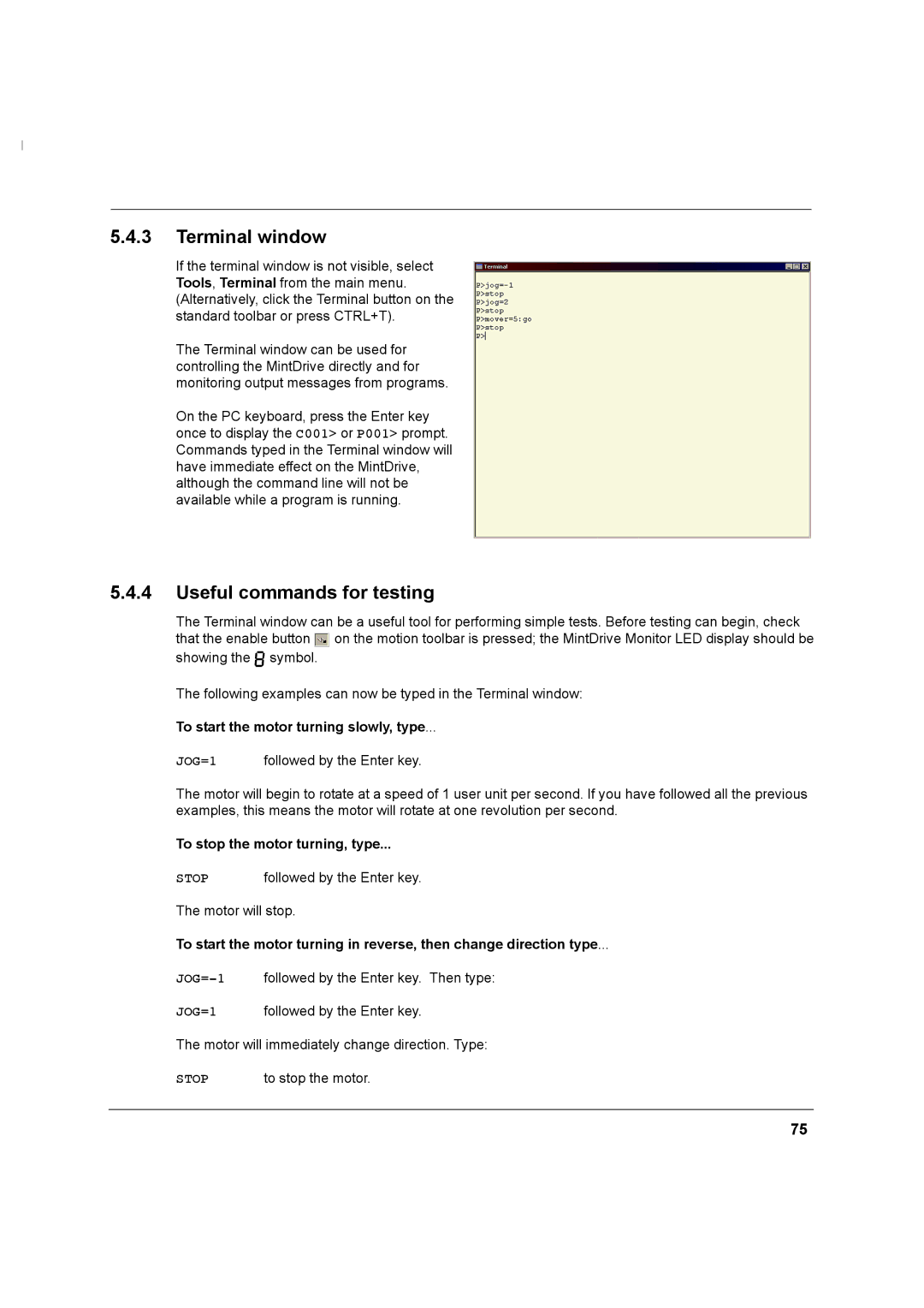 Baldor MN1274 06/2001 Terminal window, Useful commands for testing, To start the motor turning slowly, type, Stop 