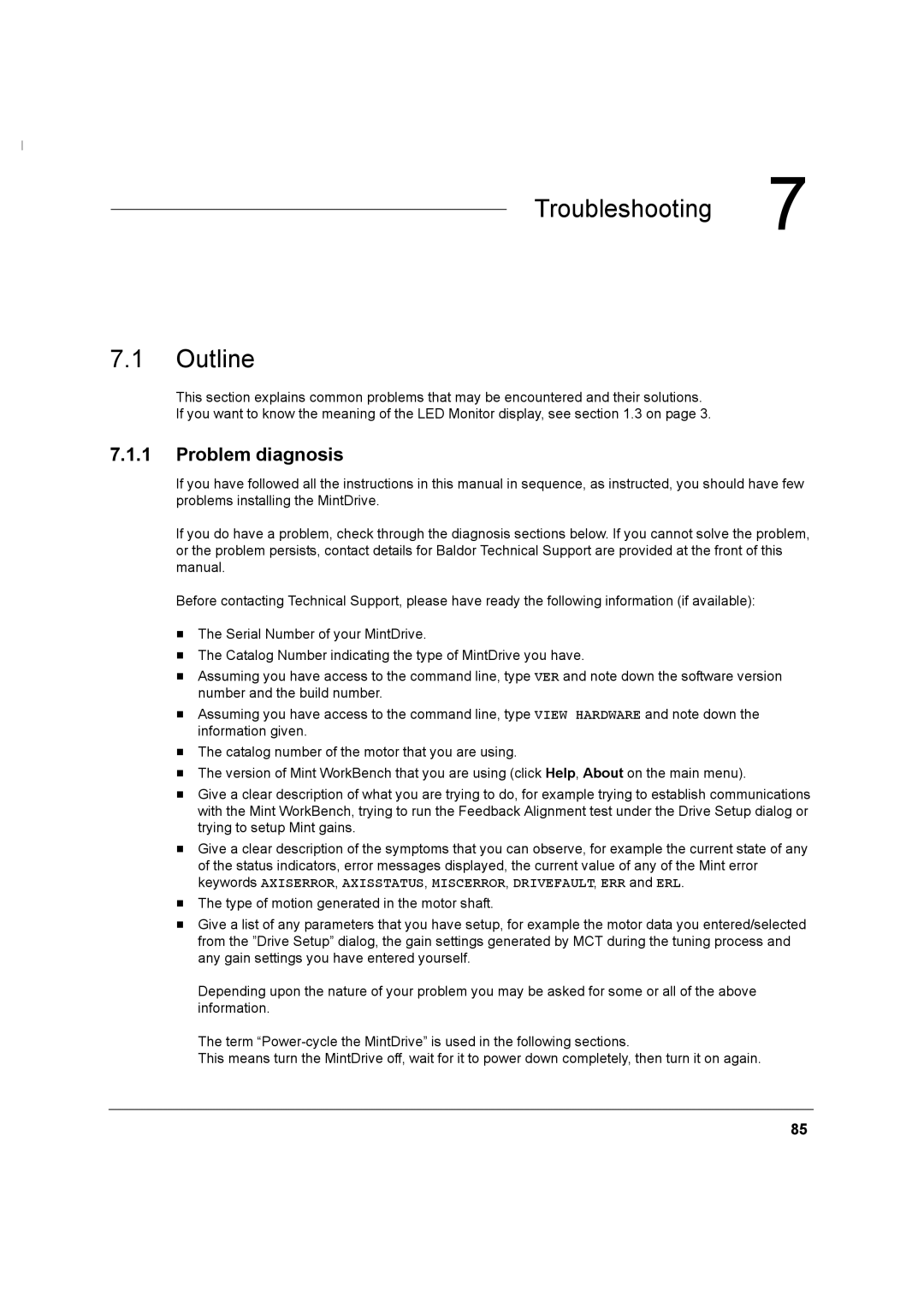 Baldor MN1274 06/2001 installation manual Troubleshooting, Problem diagnosis 