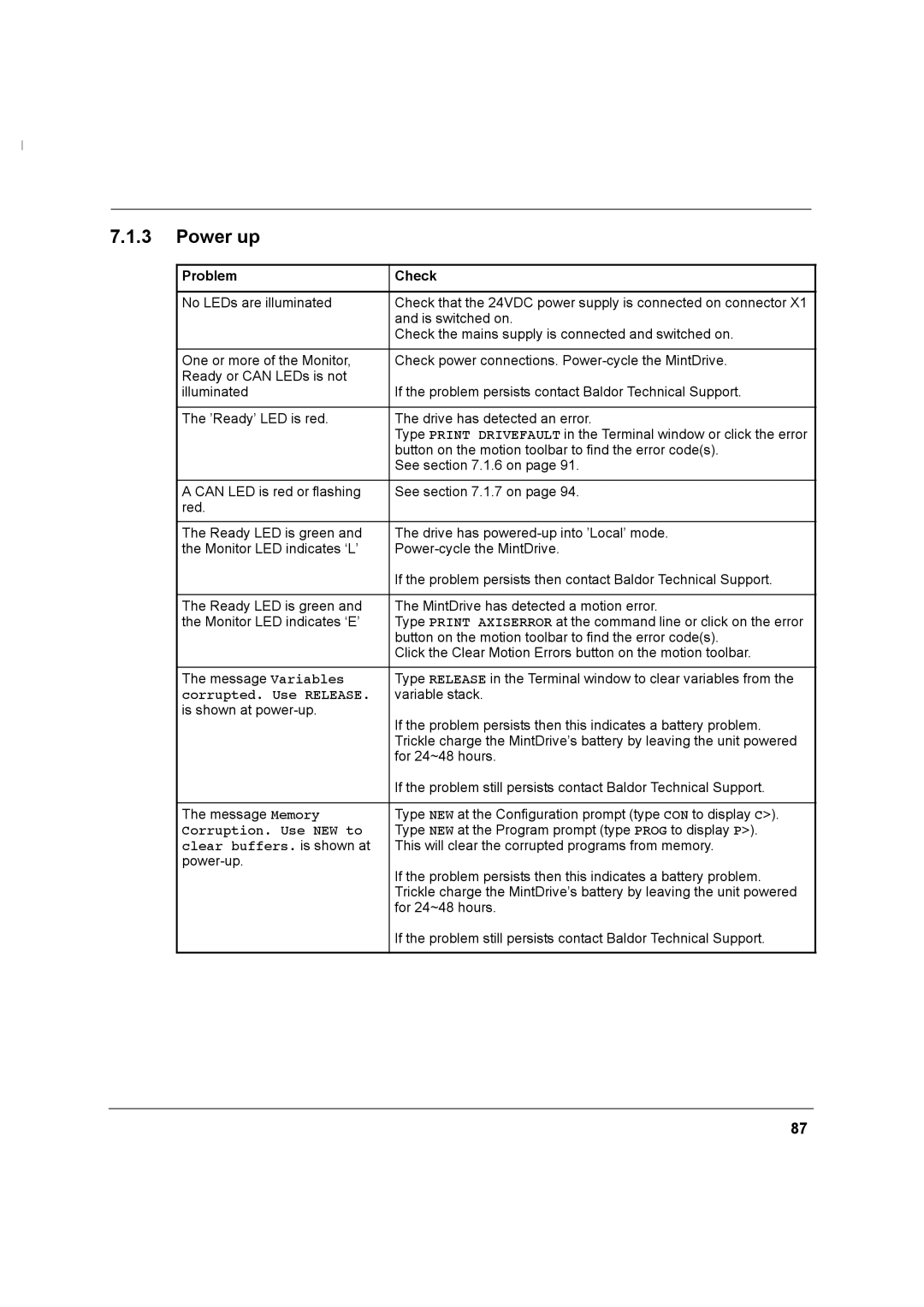 Baldor MN1274 06/2001 installation manual Power up, Corrupted. Use Release 