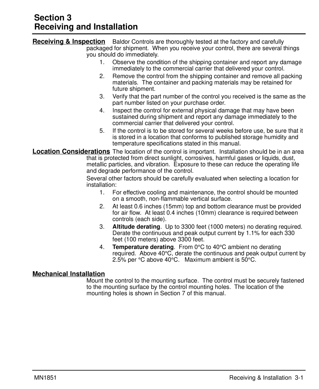 Baldor MN1851 manual Section Receiving and Installation, Mechanical Installation 