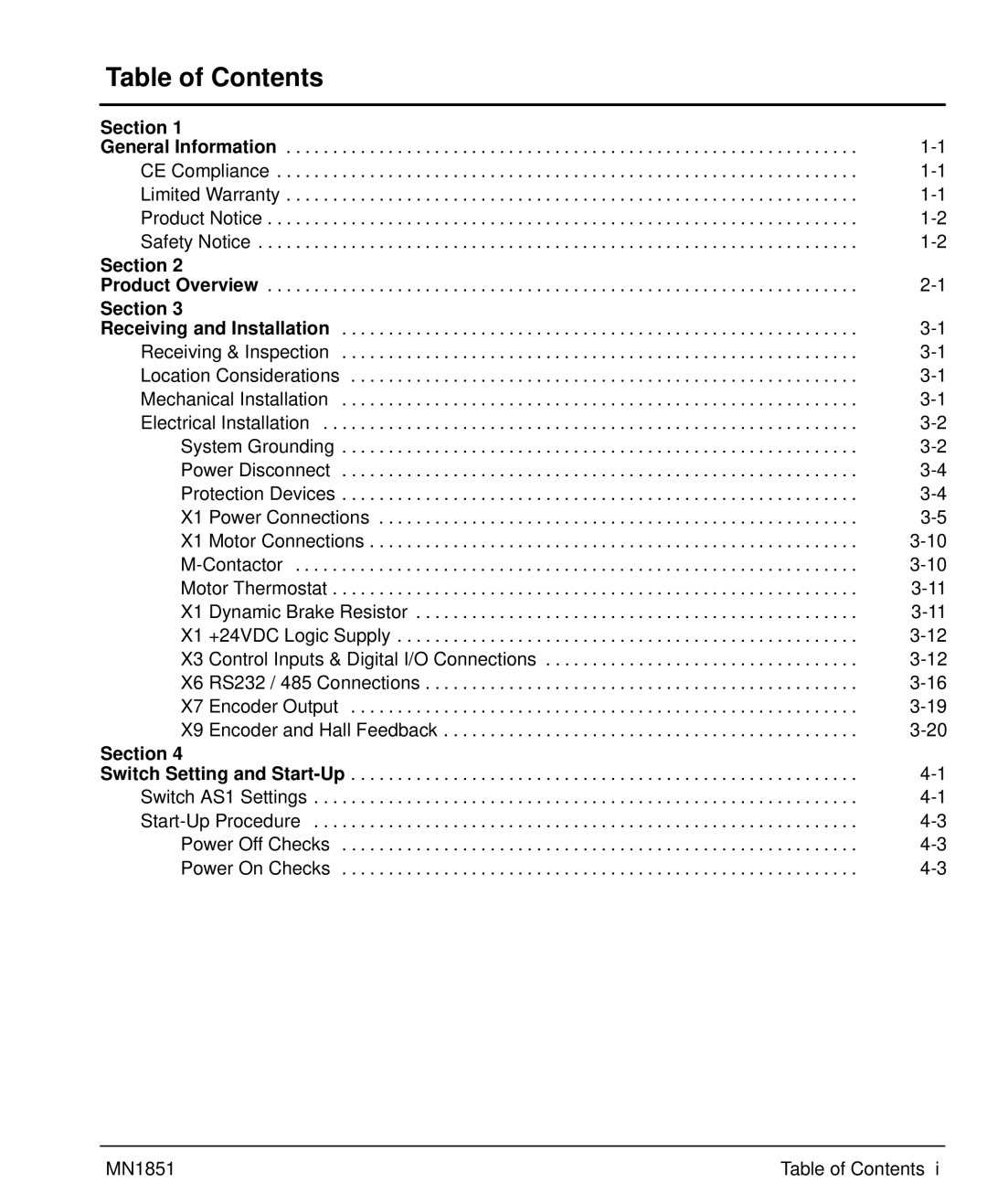 Baldor MN1851 manual Table of Contents 