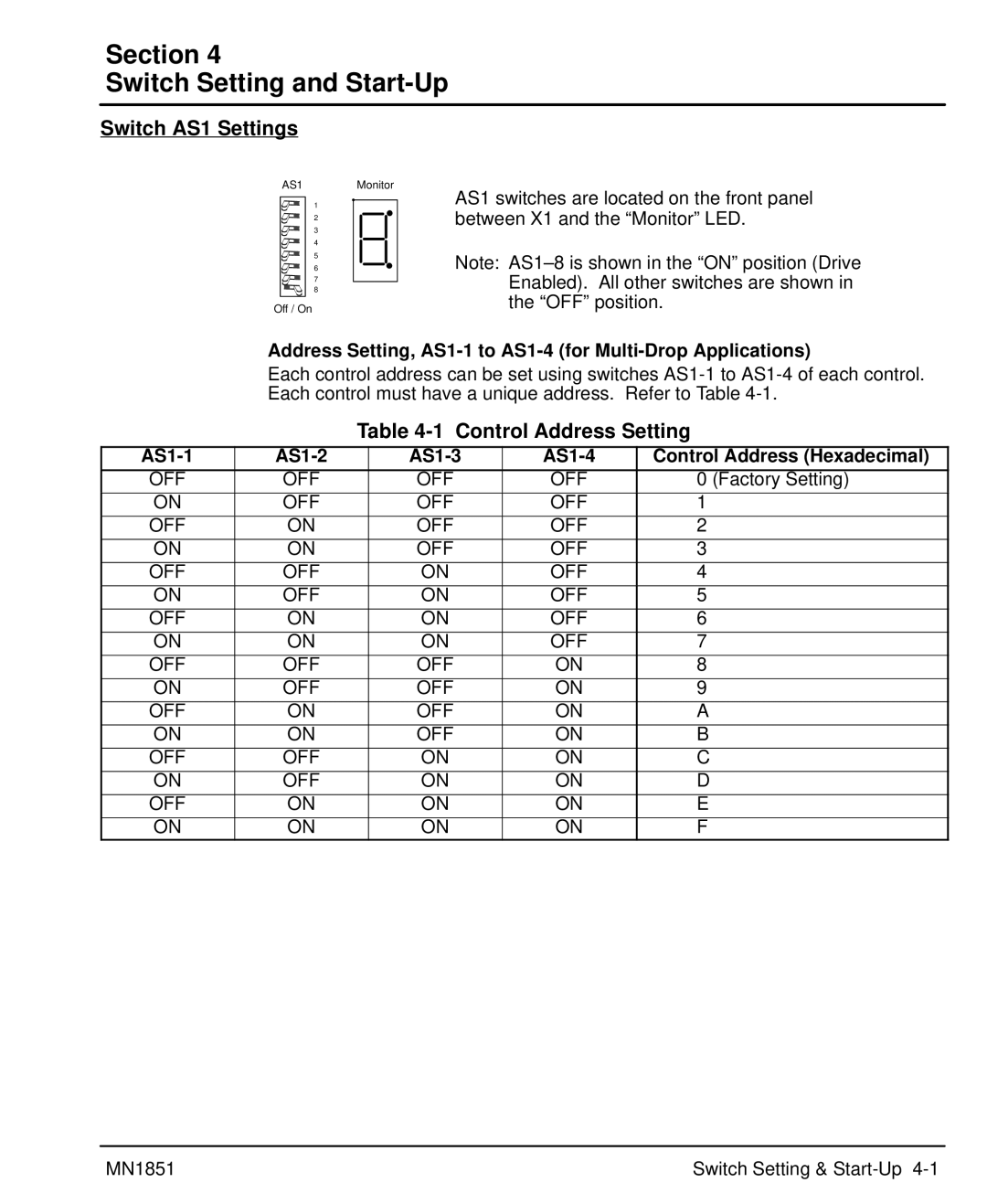 Baldor MN1851 manual Section Switch Setting and Start-Up, Switch AS1 Settings, Control Address Setting 