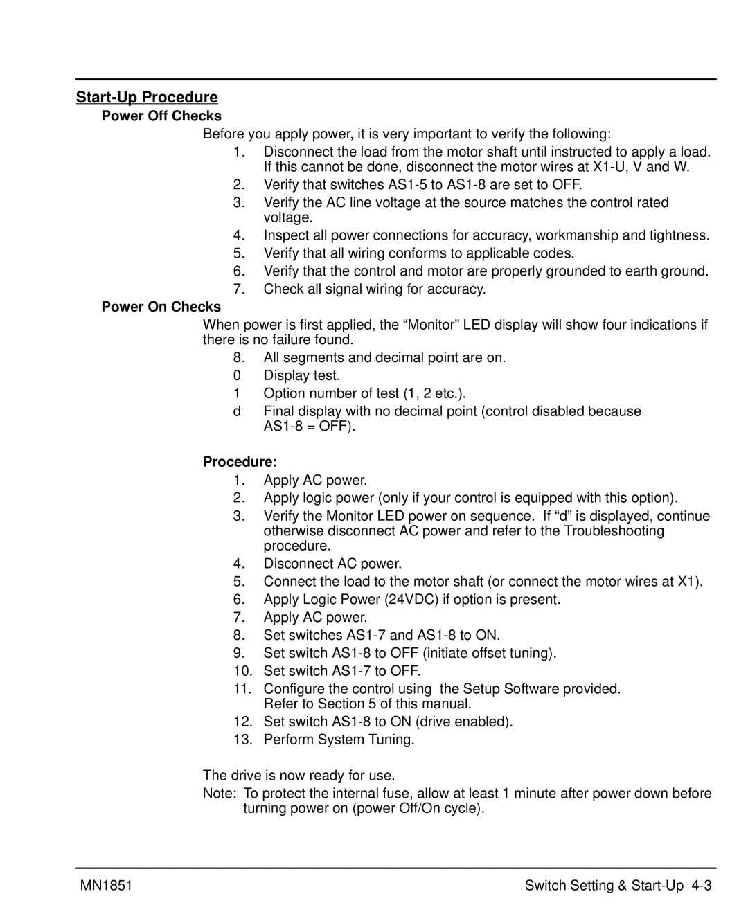 Baldor MN1851 manual Start-Up Procedure, Power Off Checks, Power On Checks 