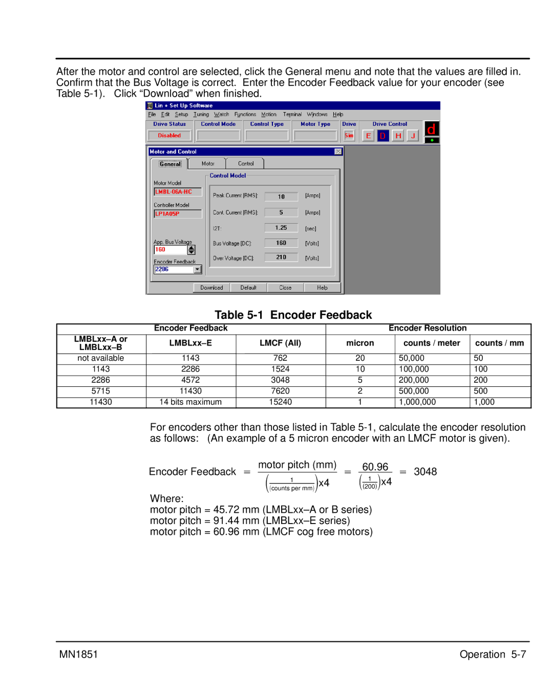 Baldor MN1851 manual Encoder Feedback Motor pitch mm 60.96, Lmcf All Micron Counts / meter Counts / mm 