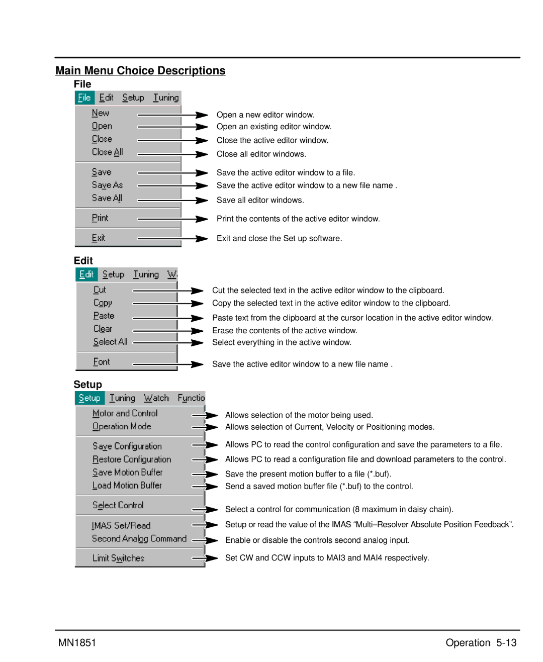 Baldor MN1851 manual Main Menu Choice Descriptions, File, Edit, Setup 