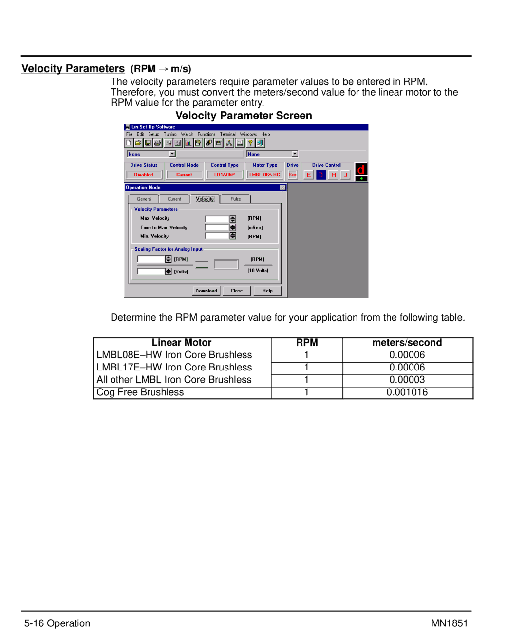 Baldor MN1851 manual Velocity Parameters RPM m/s, Linear Motor, Meters/second 
