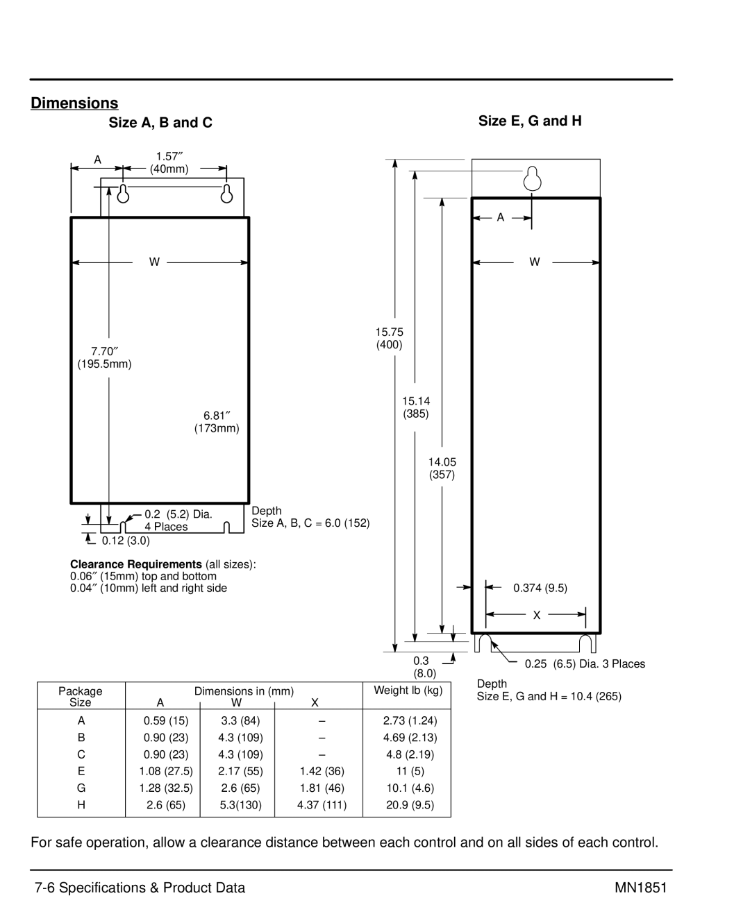 Baldor MN1851 manual Dimensions, Size A, B and C, Clearance Requirements all sizes 0.06″ 15mm top and bottom 