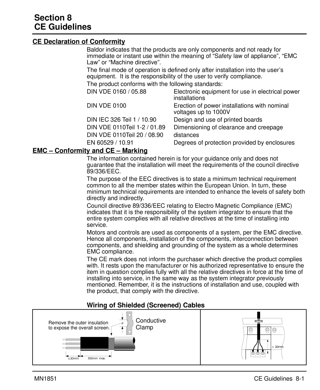 Baldor MN1851 manual Section CE Guidelines, CE Declaration of Conformity, EMC Conformity and CE Marking 