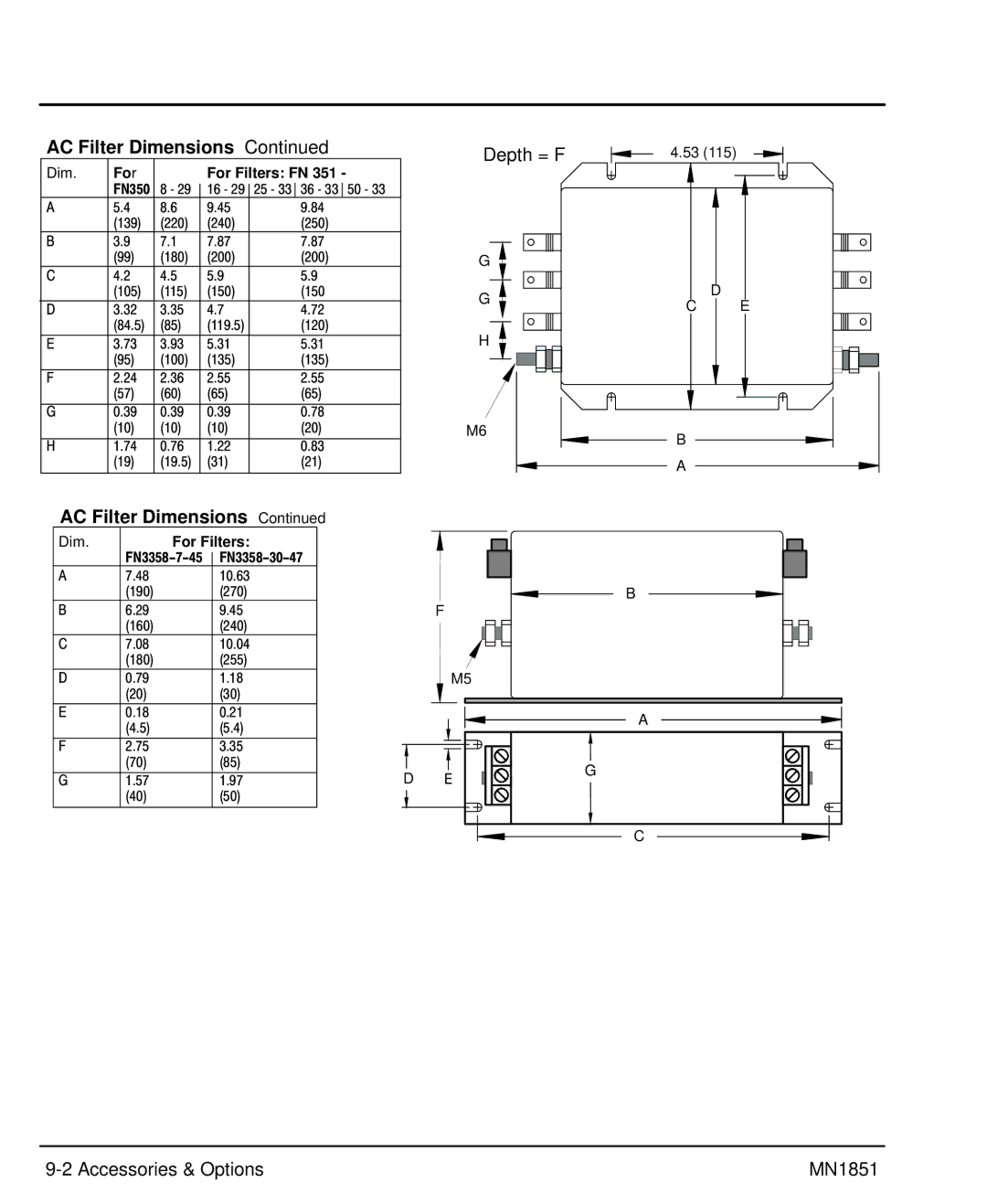 Baldor manual AC Filter Dimensions, Depth = F, Accessories & Options MN1851, Fo r, For Filters 