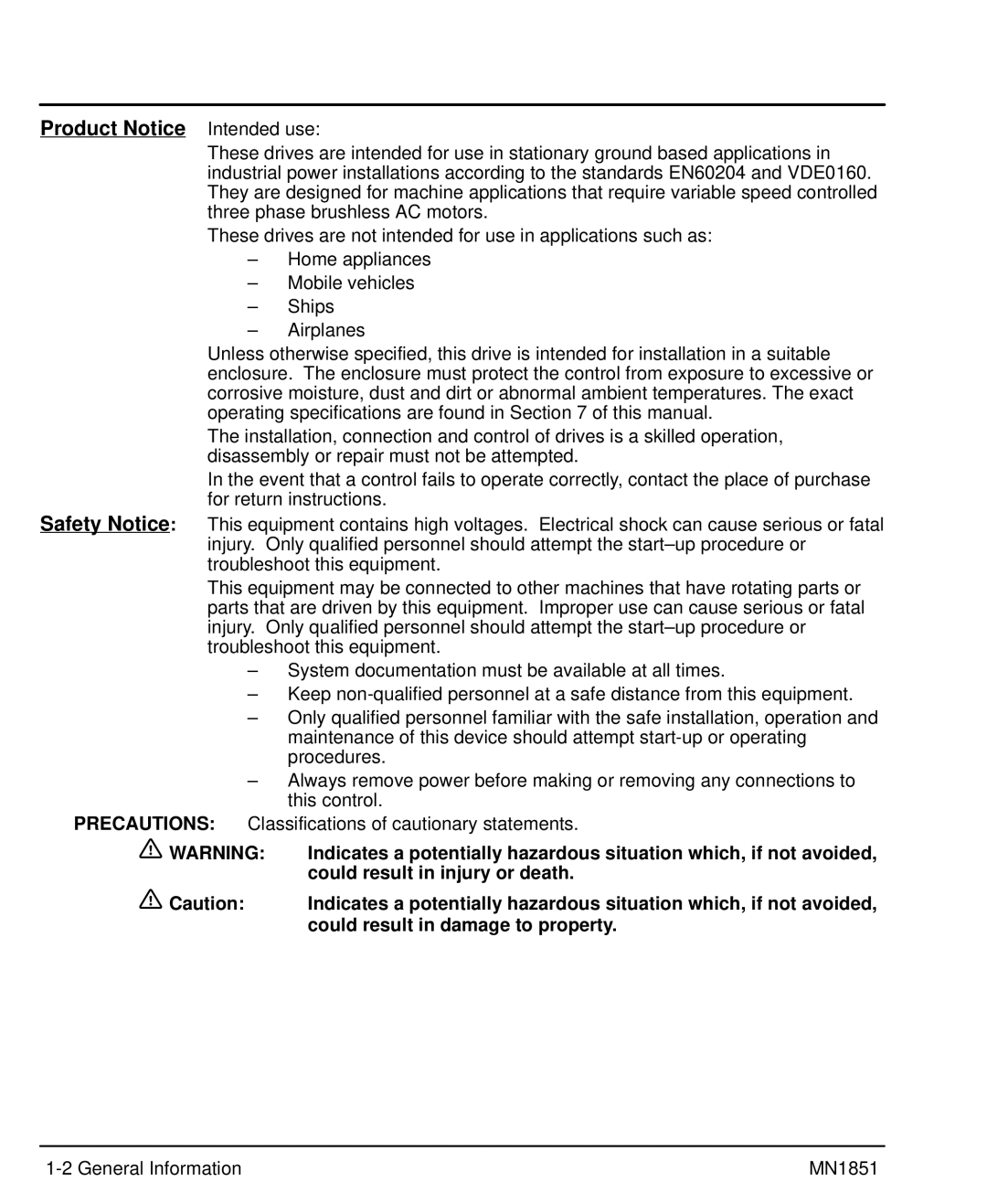 Baldor MN1851 manual Product Notice Intended use, Could result in injury or death, Could result in damage to property 