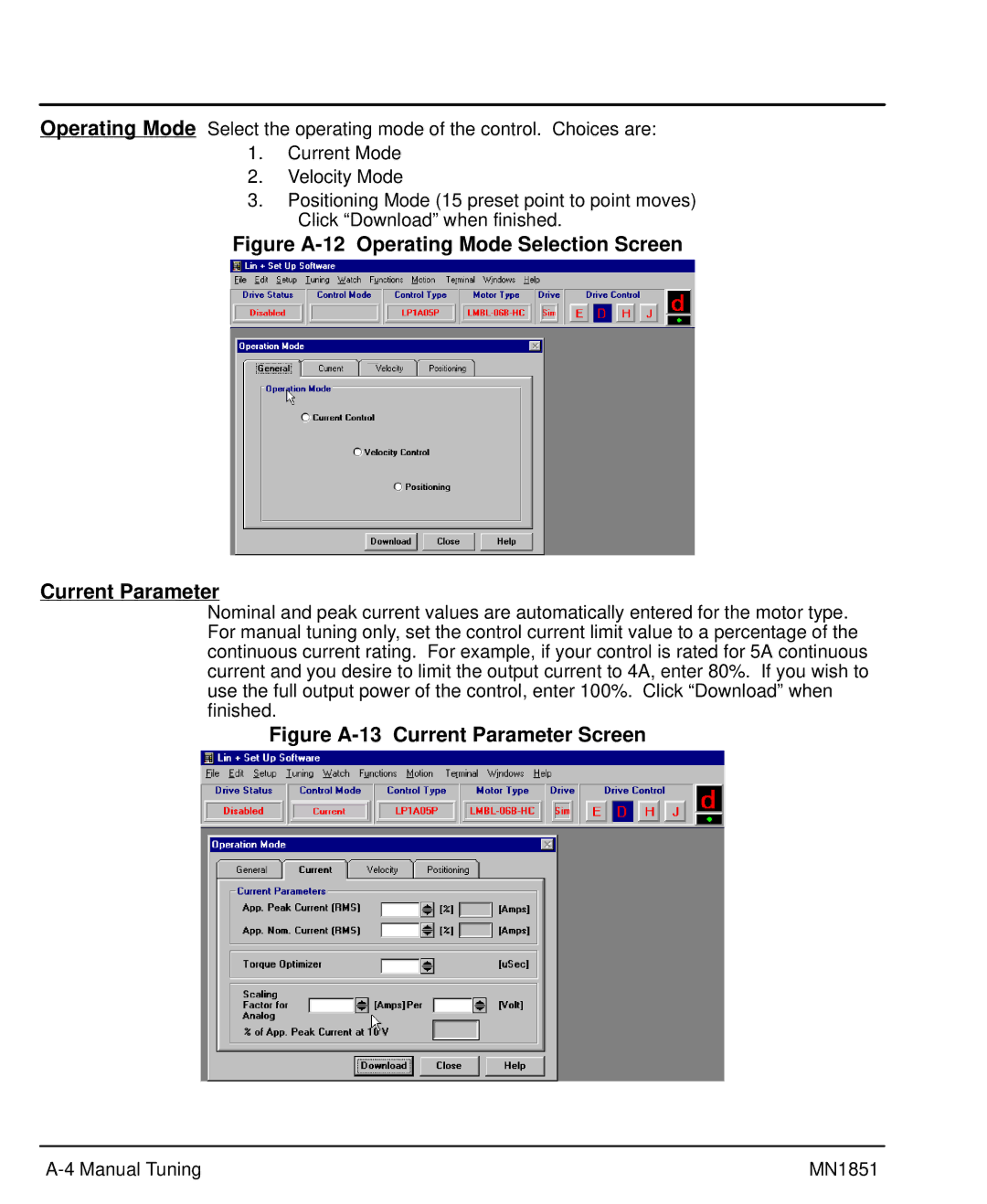 Baldor MN1851 manual Figure A-13 Current Parameter Screen 