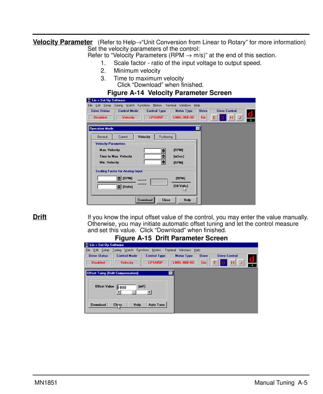 Baldor MN1851 manual Figure A-14 Velocity Parameter Screen Drift, Figure A-15 Drift Parameter Screen 