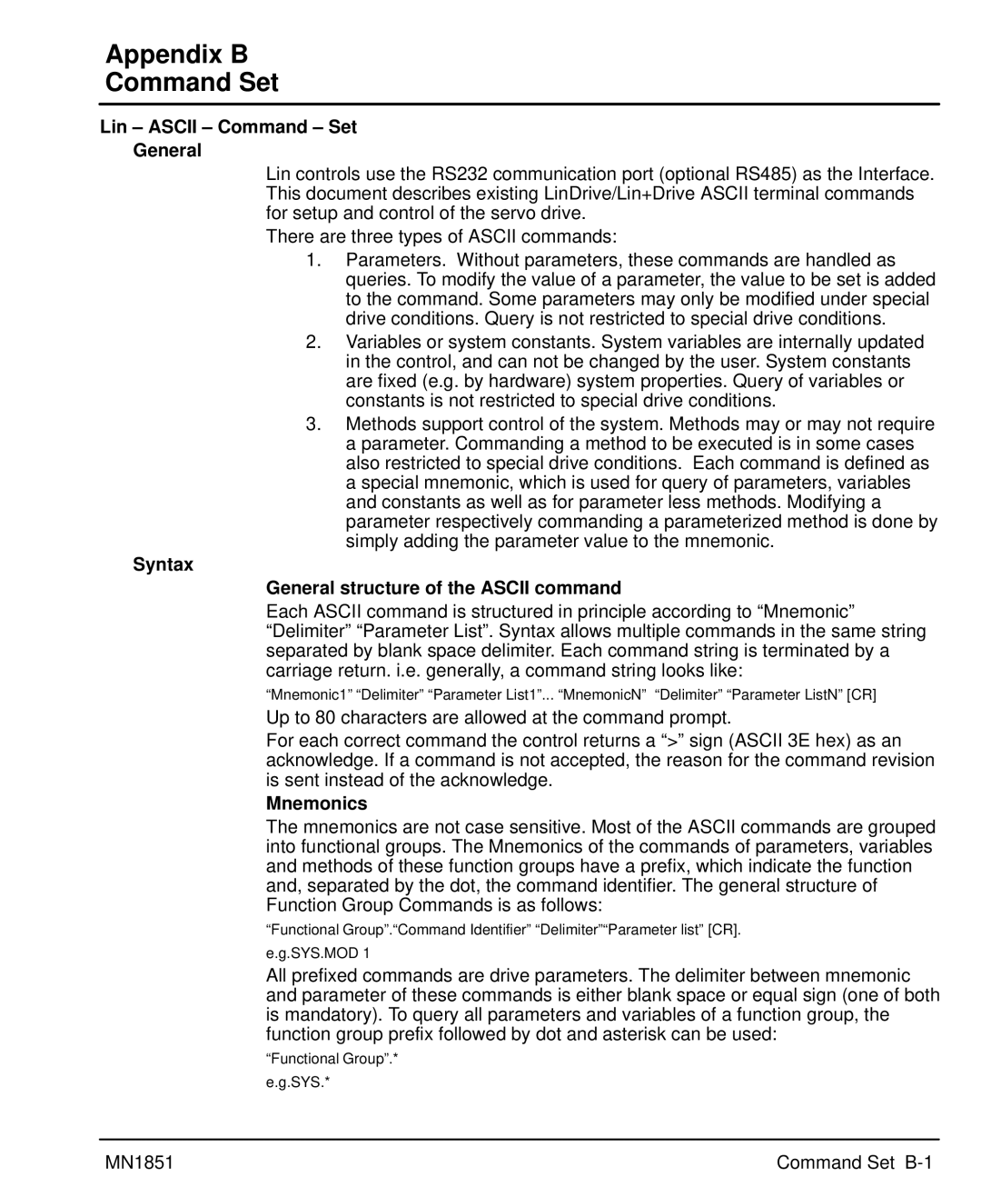 Baldor MN1851 manual Appendix B Command Set, Lin Ascii Command Set General, Syntax General structure of the Ascii command 