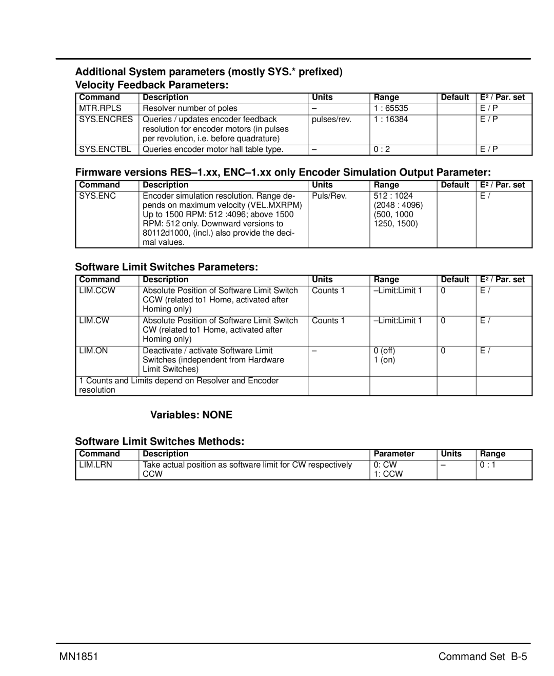 Baldor manual Software Limit Switches Parameters, Variables None Software Limit Switches Methods, MN1851 Command Set B-5 