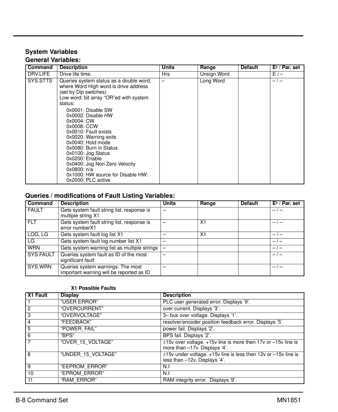 Baldor MN1851 manual System Variables General Variables, Queries / modifications of Fault Listing Variables 