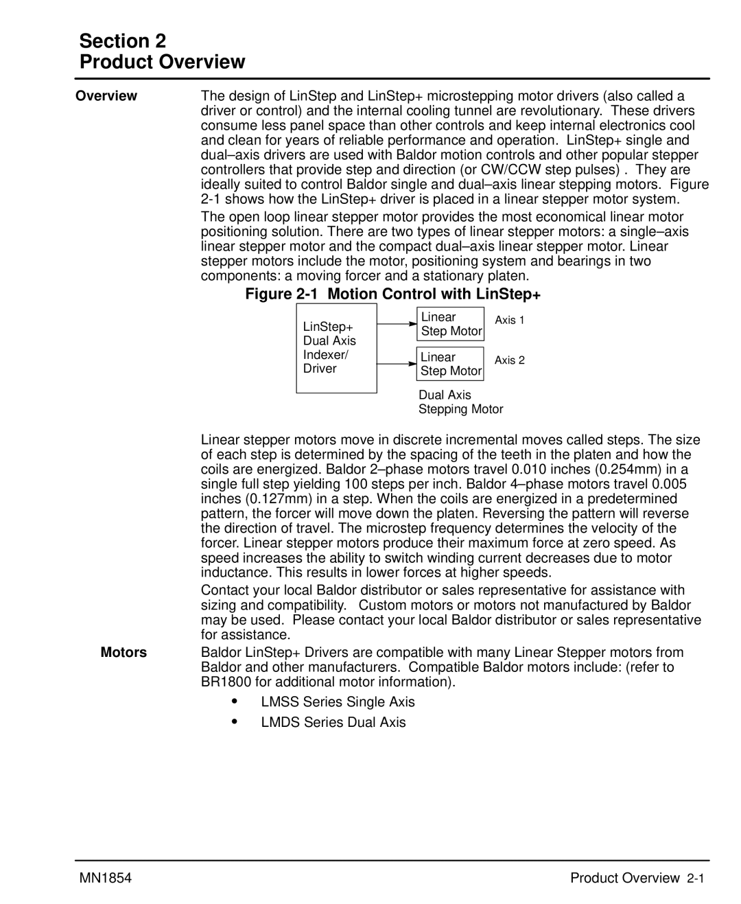 Baldor mn1854 manual Section Product Overview, Motors 