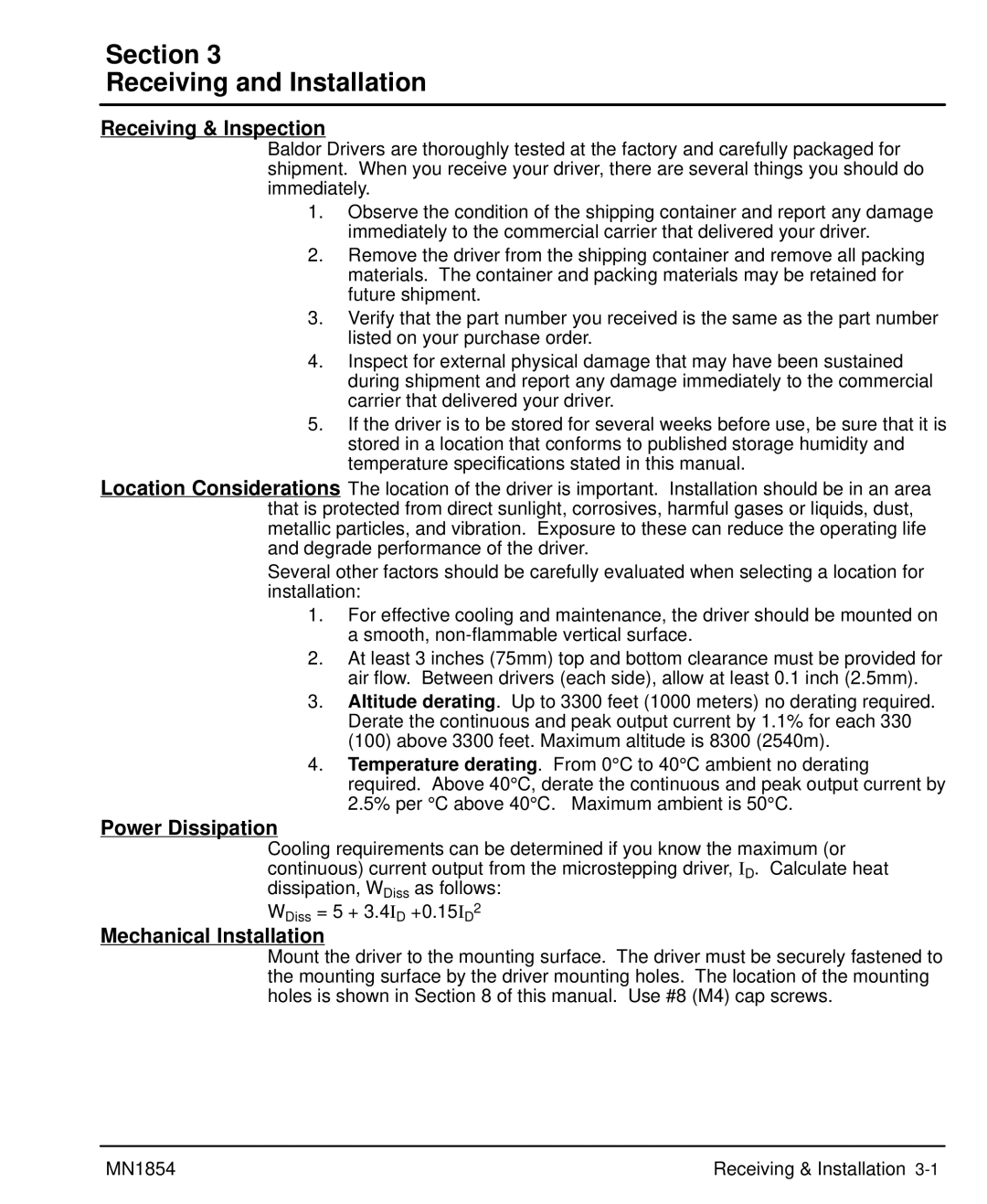 Baldor mn1854 manual Section Receiving and Installation, Receiving & Inspection, Power Dissipation, Mechanical Installation 