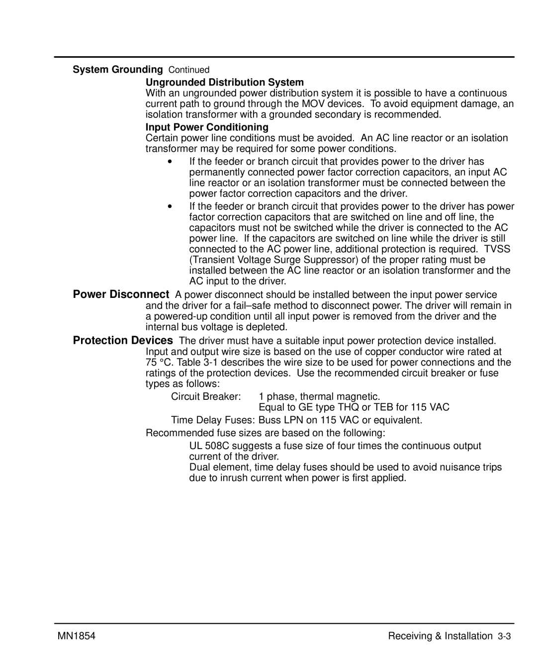 Baldor mn1854 manual System Grounding Ungrounded Distribution System, Input Power Conditioning 