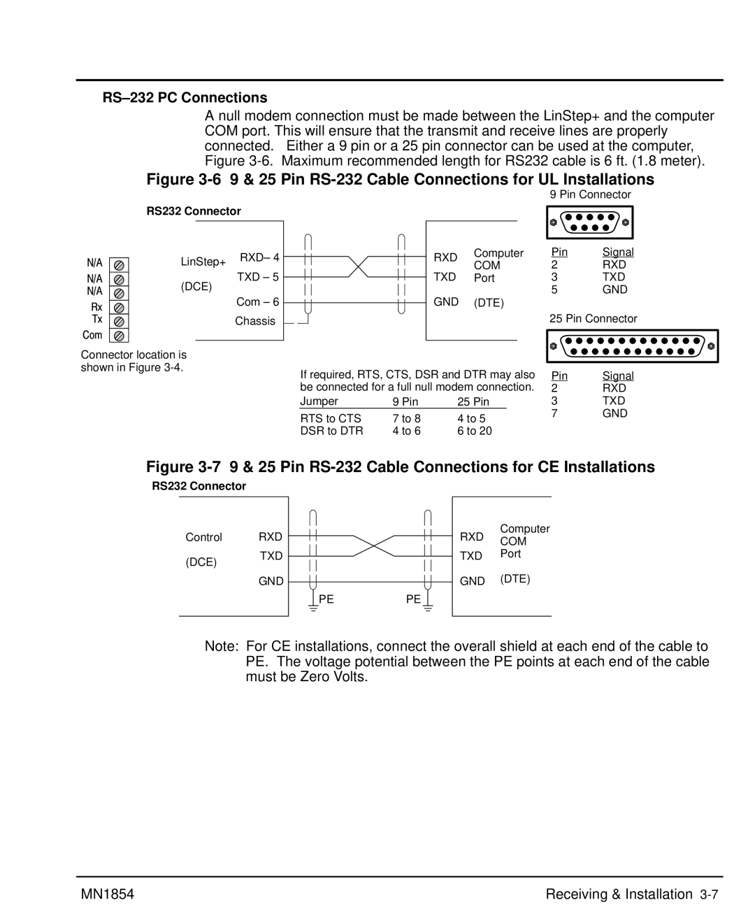 Baldor mn1854 manual 9 & 25 Pin RS-232 Cable Connections for UL Installations, RS-232 PC Connections 