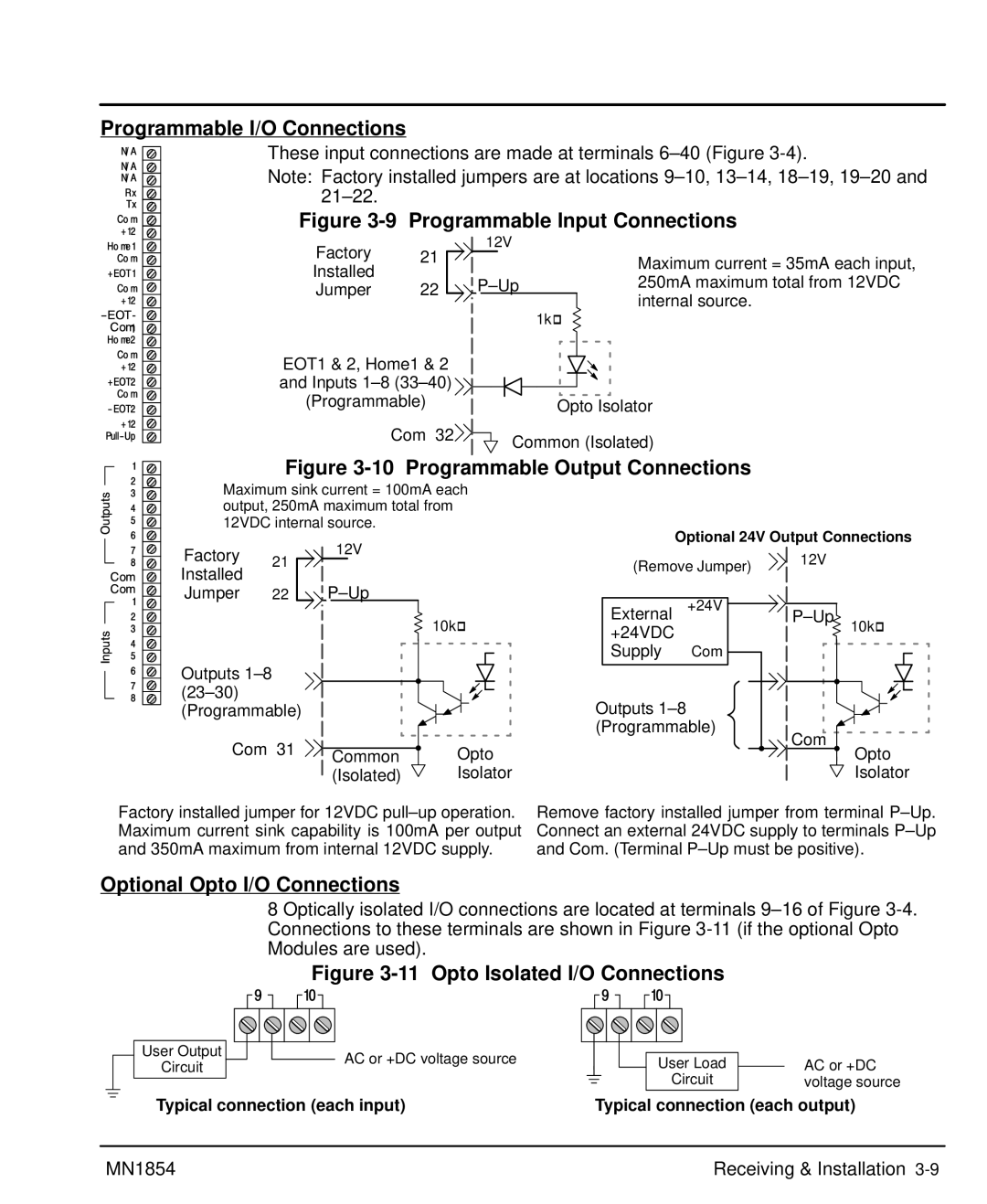 Baldor mn1854 manual Programmable I/O Connections, Optional Opto I/O Connections, Typical connection each input 