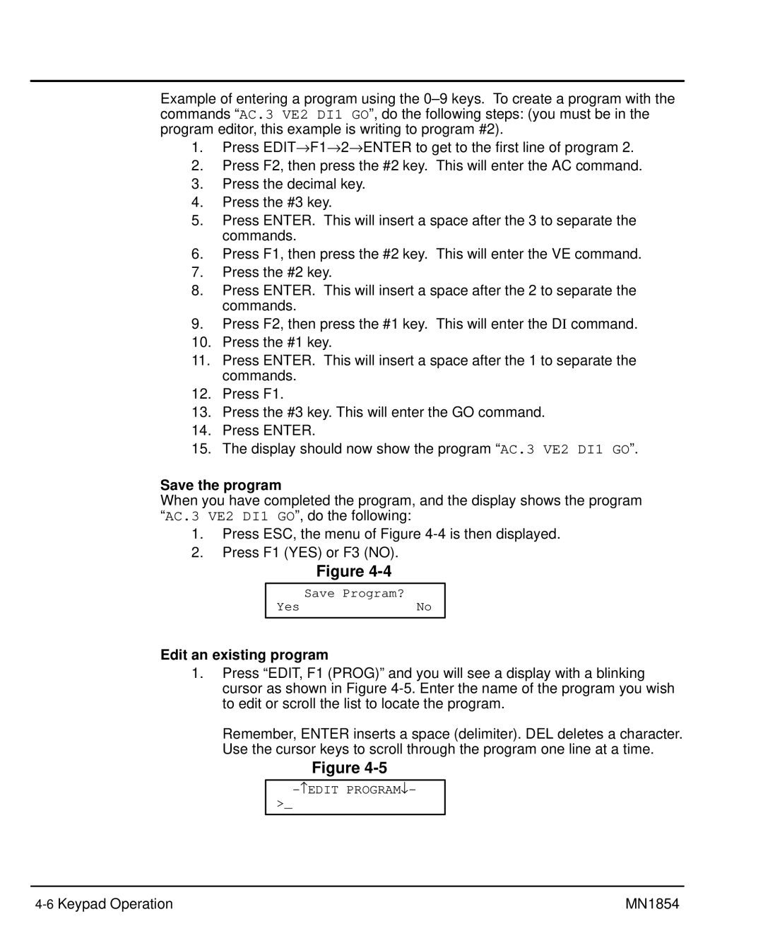 Baldor mn1854 manual Save the program, Edit an existing program, 6Keypad Operation MN1854, Save Program? YesNo 