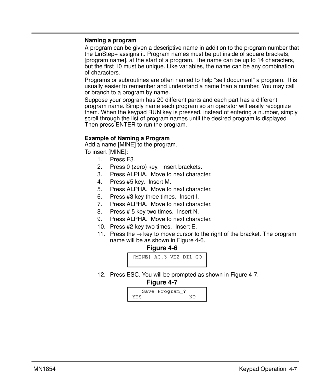 Baldor mn1854 Naming a program, Example of Naming a Program, Press ESC. You will be prompted as shown in Figure, Yesno 